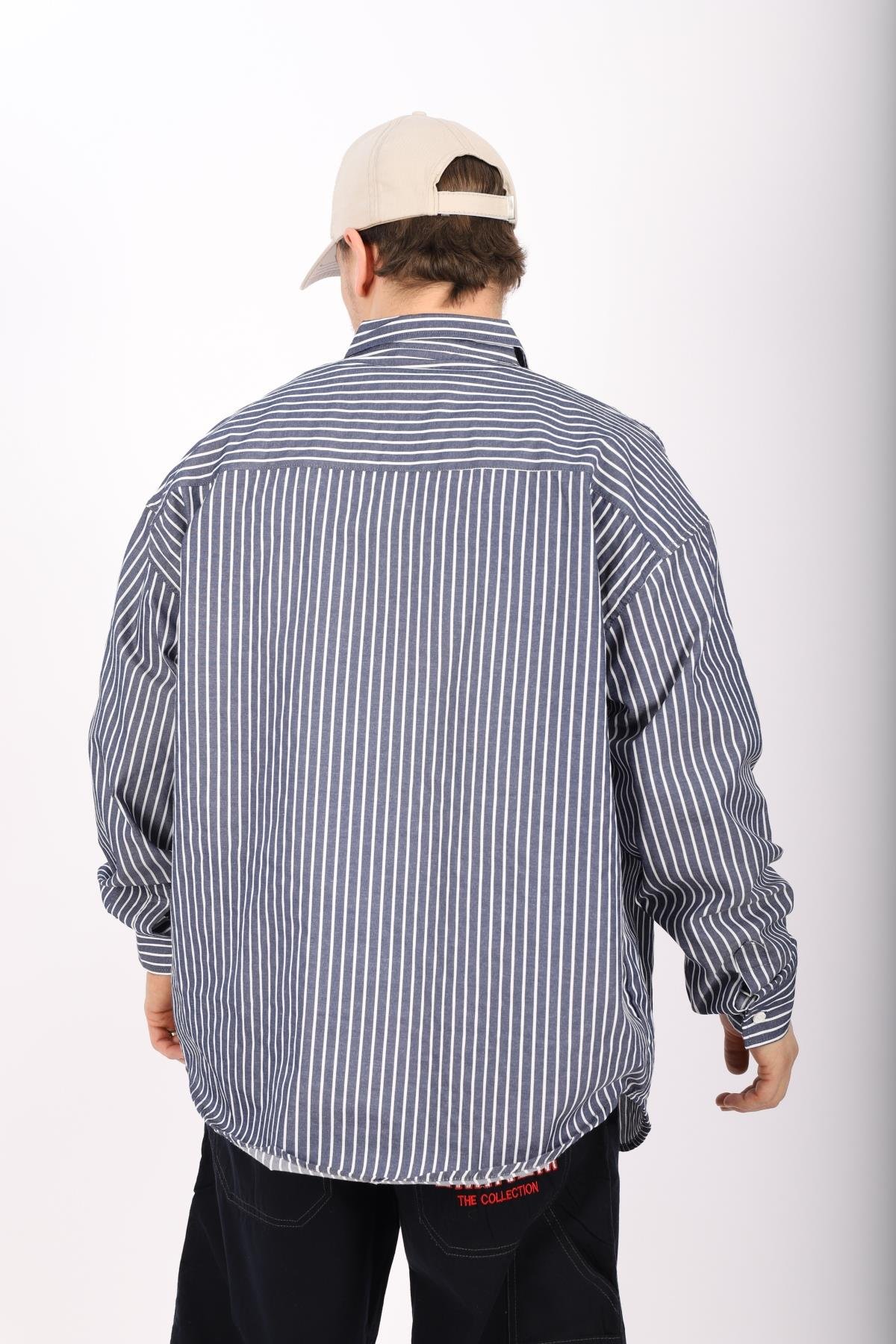Çizgili Lacivert Poplin Oversize Gömlek G138