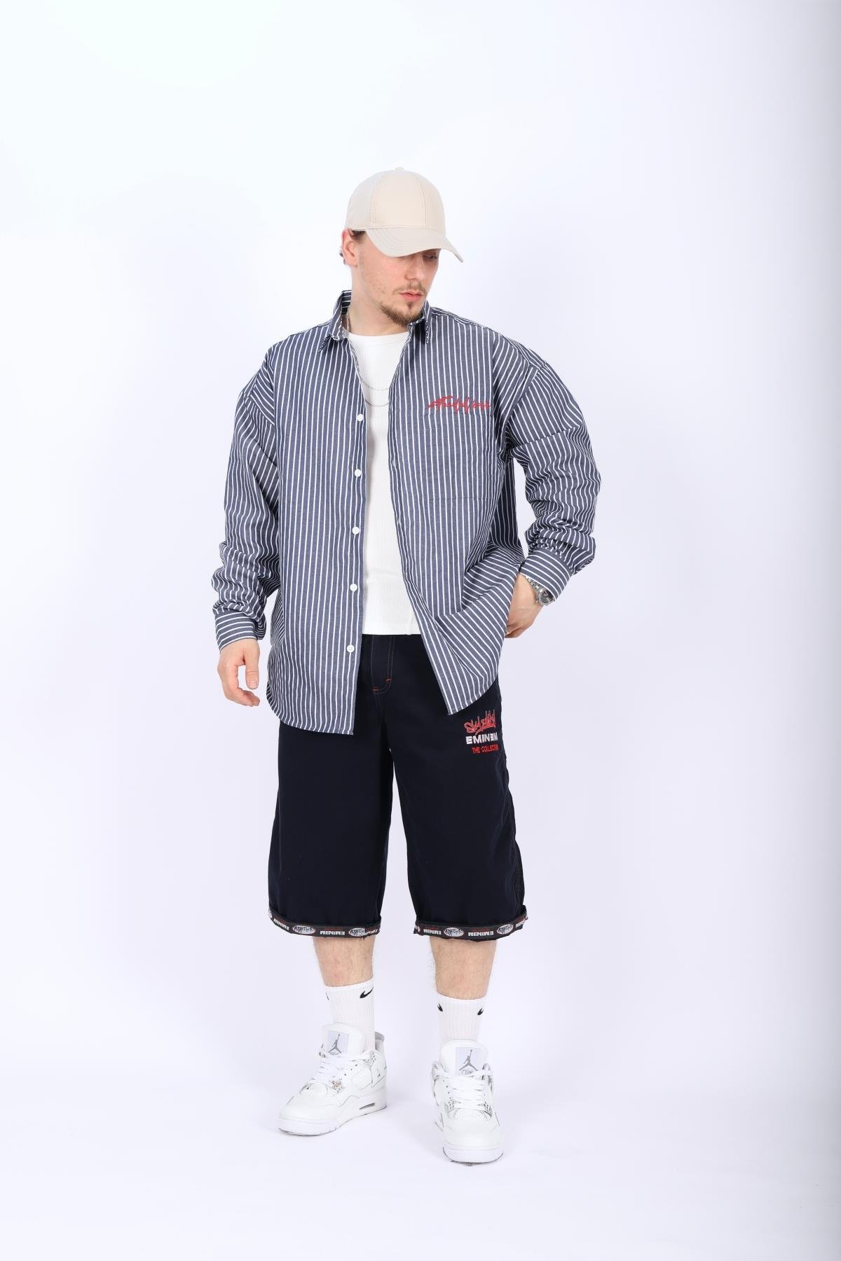 Çizgili Lacivert Poplin Oversize Gömlek G138