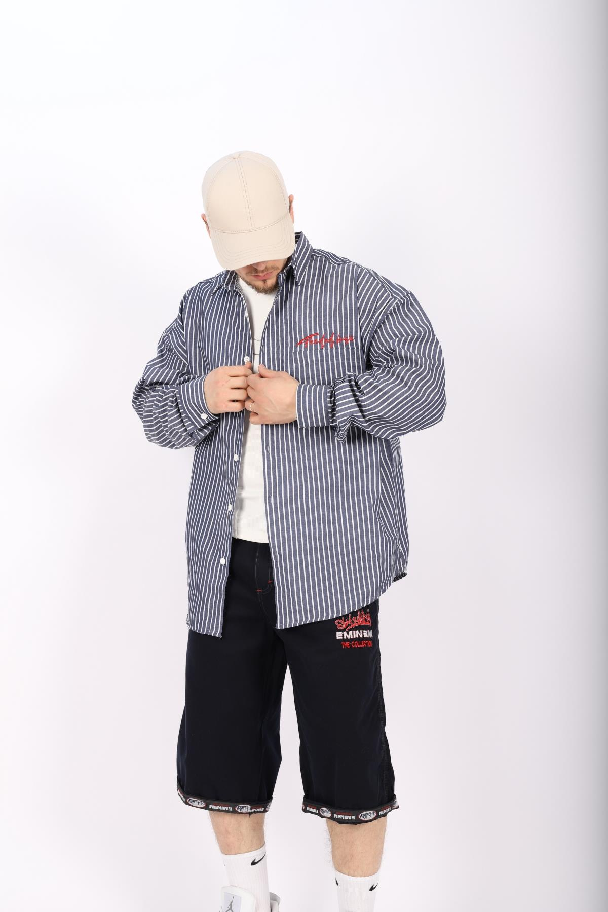 Çizgili Lacivert Poplin Oversize Gömlek G138