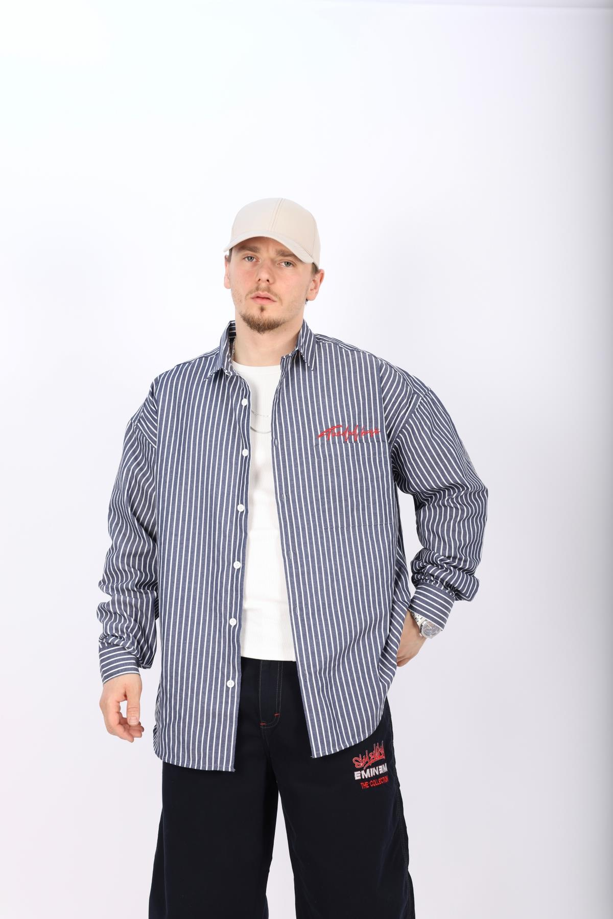 Çizgili Lacivert Poplin Oversize Gömlek G138