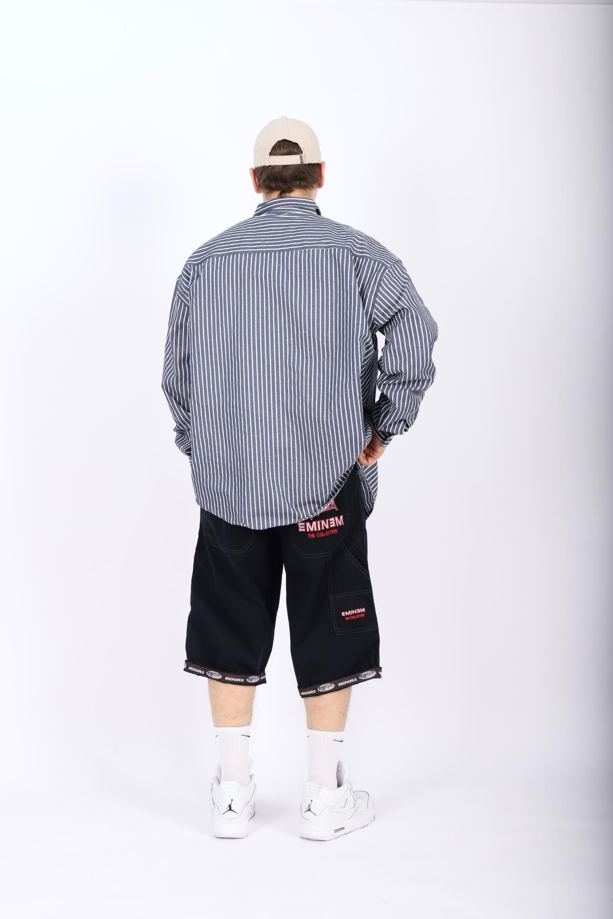 Çizgili Lacivert Poplin Oversize Gömlek G138