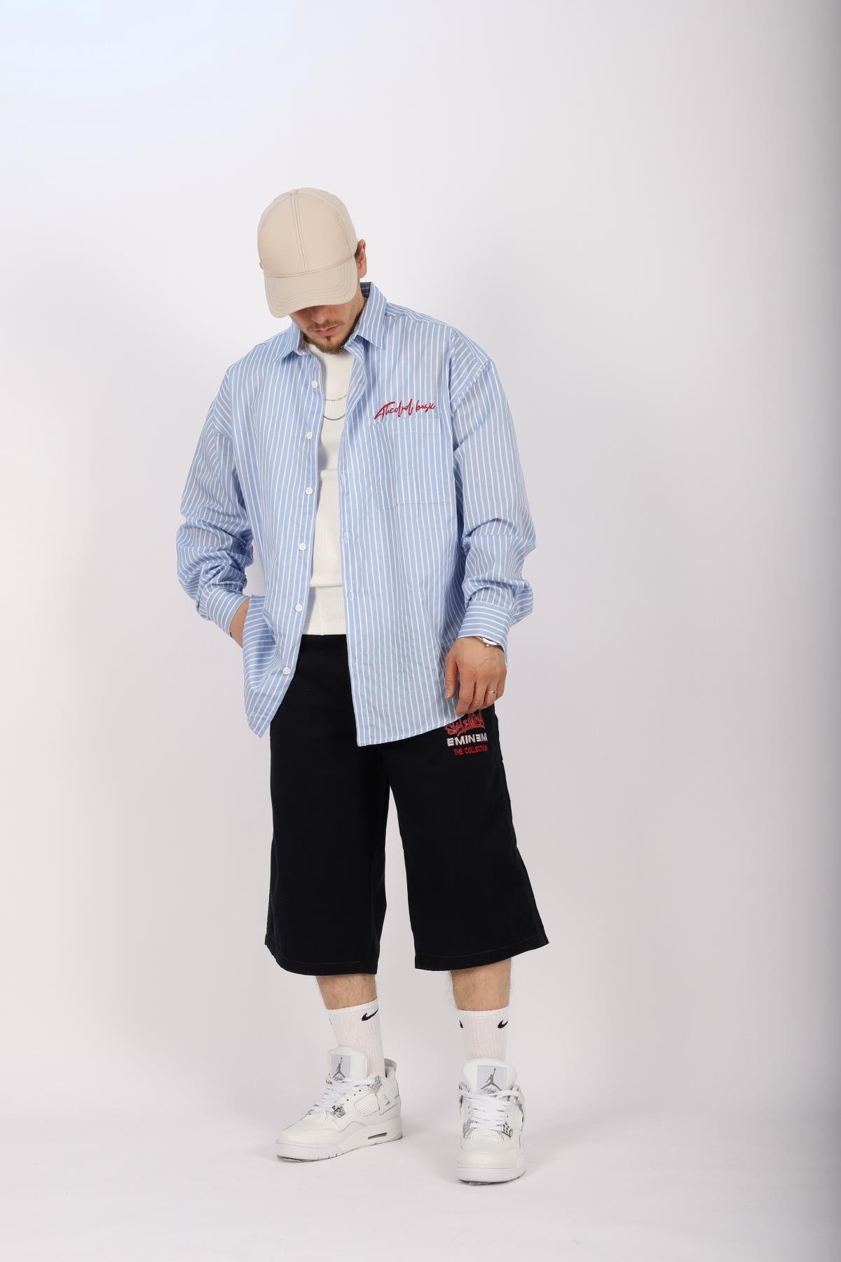 Çizgili Mavi Poplin Oversize Gömlek G136