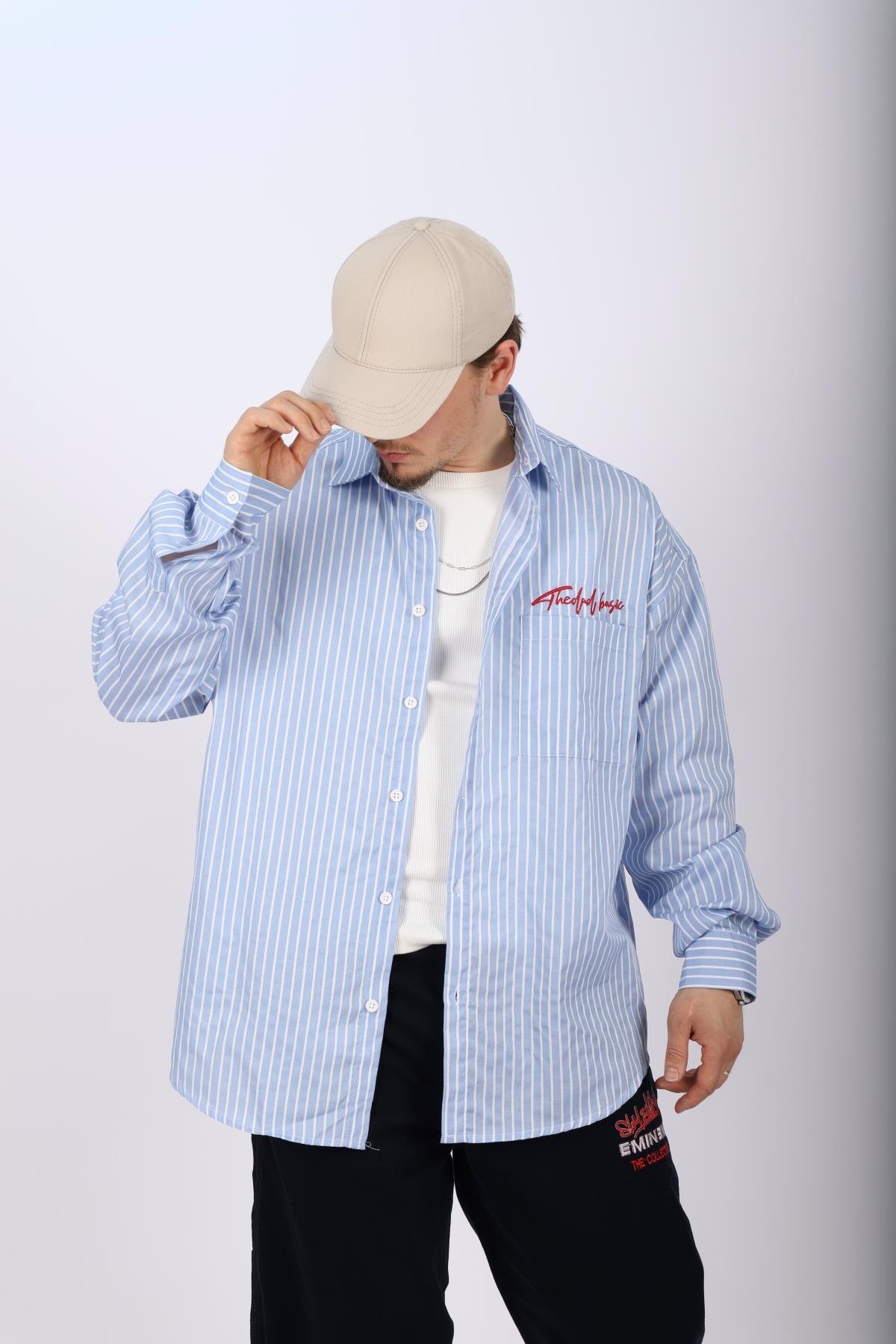 Çizgili Mavi Poplin Oversize Gömlek G136