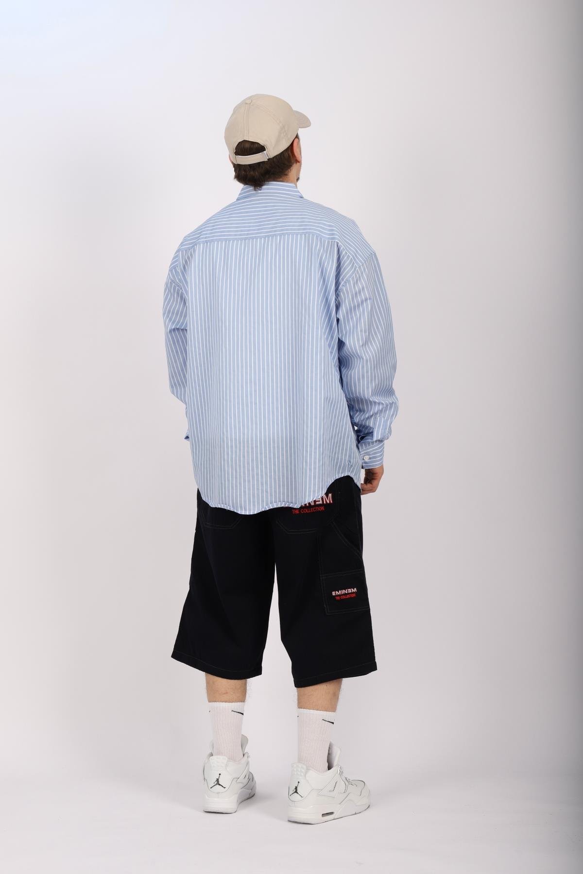 Çizgili Mavi Poplin Oversize Gömlek G136