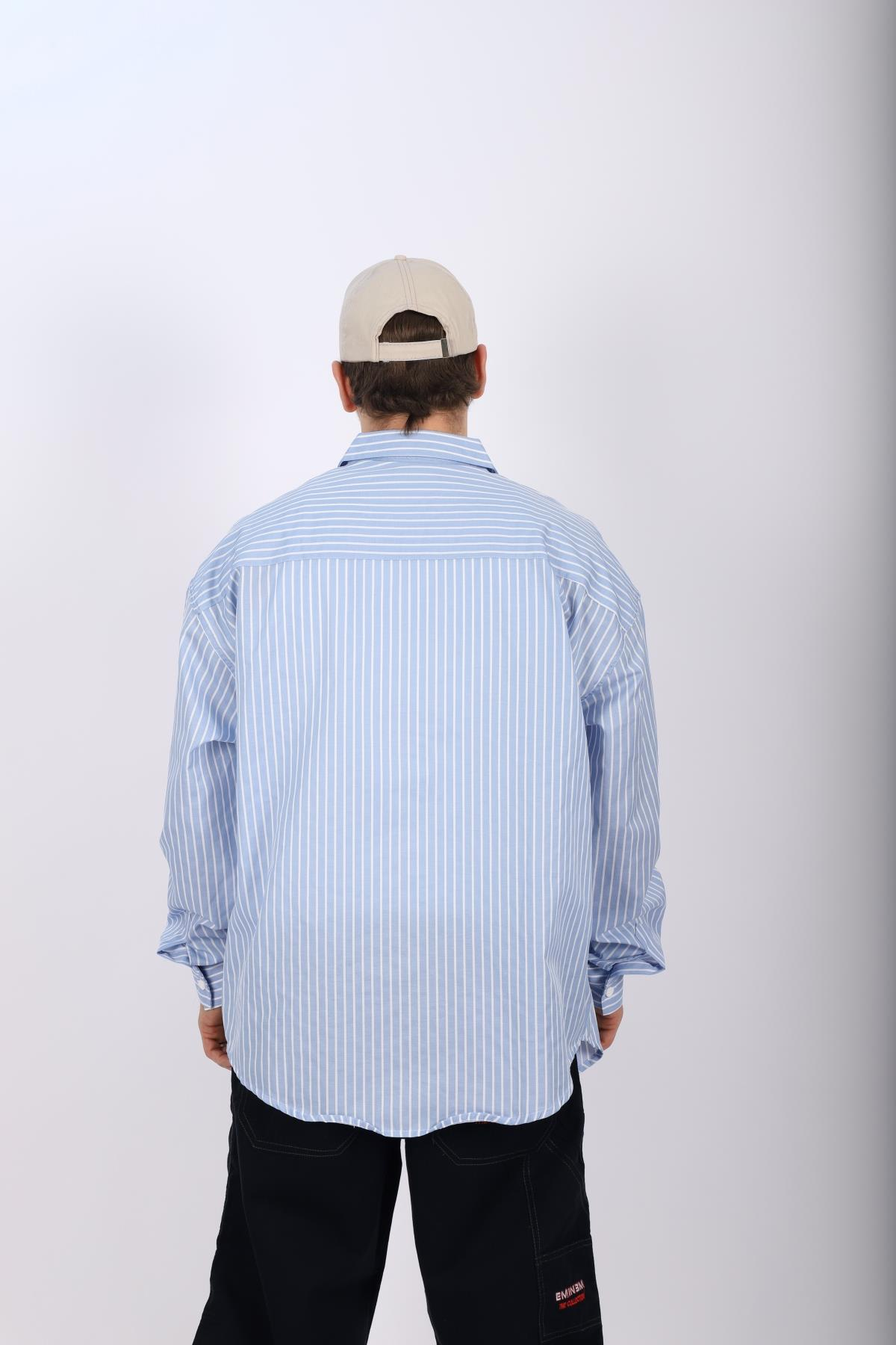 Çizgili Mavi Poplin Oversize Gömlek G136