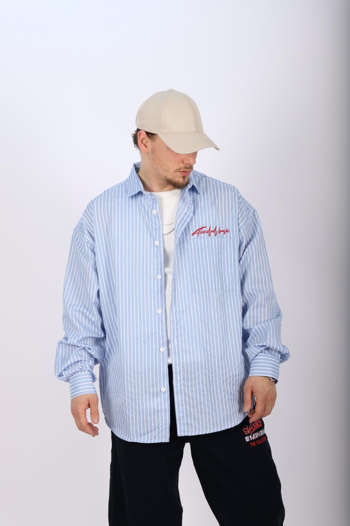 Çizgili Mavi Poplin Oversize Gömlek G136