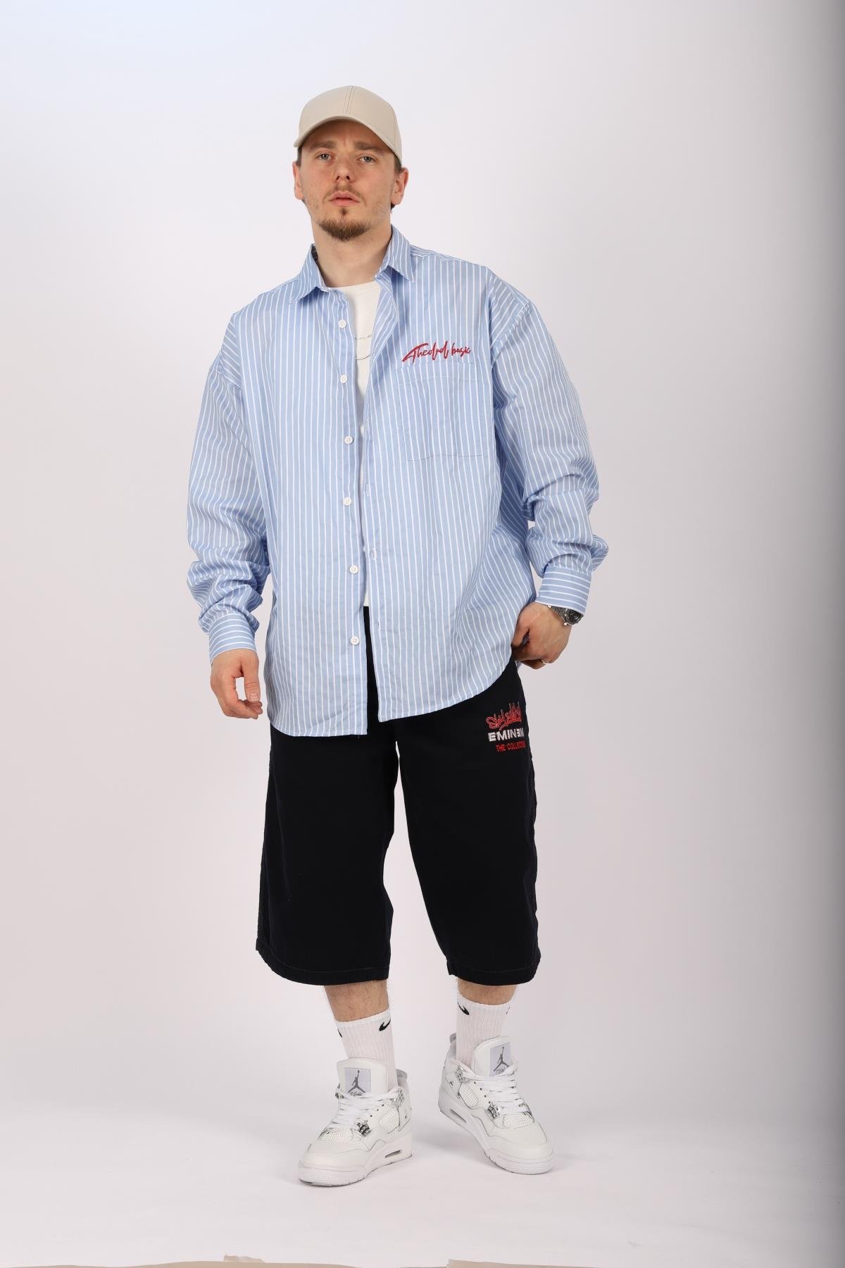 Çizgili Mavi Poplin Oversize Gömlek G136