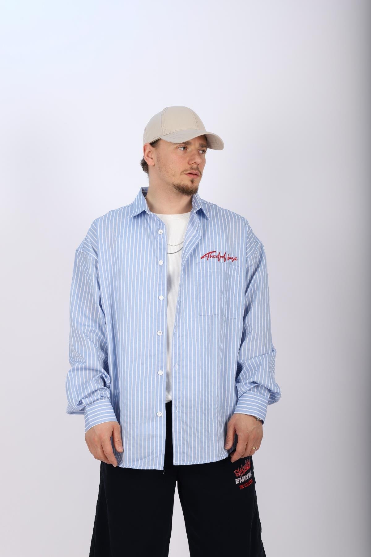 Çizgili Mavi Poplin Oversize Gömlek G136