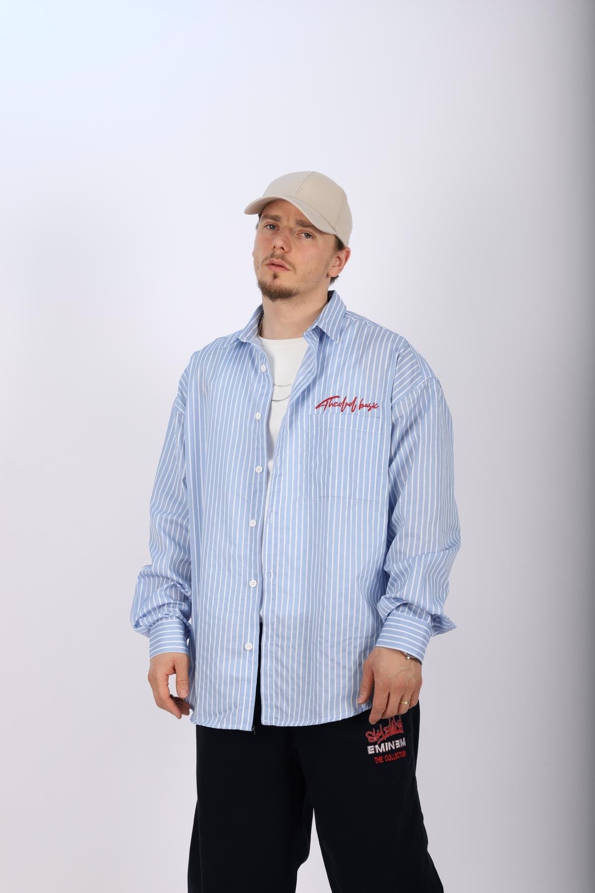 Çizgili Mavi Poplin Oversize Gömlek G136