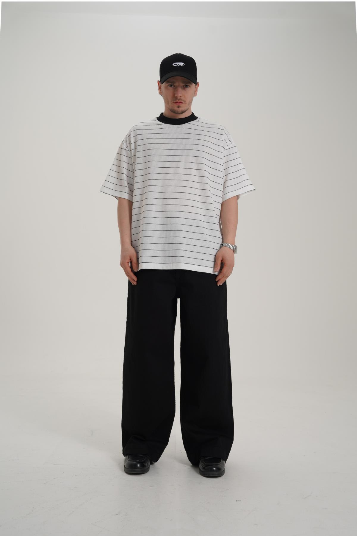 Çizgili Oversize Triko Kumaş Tshirt