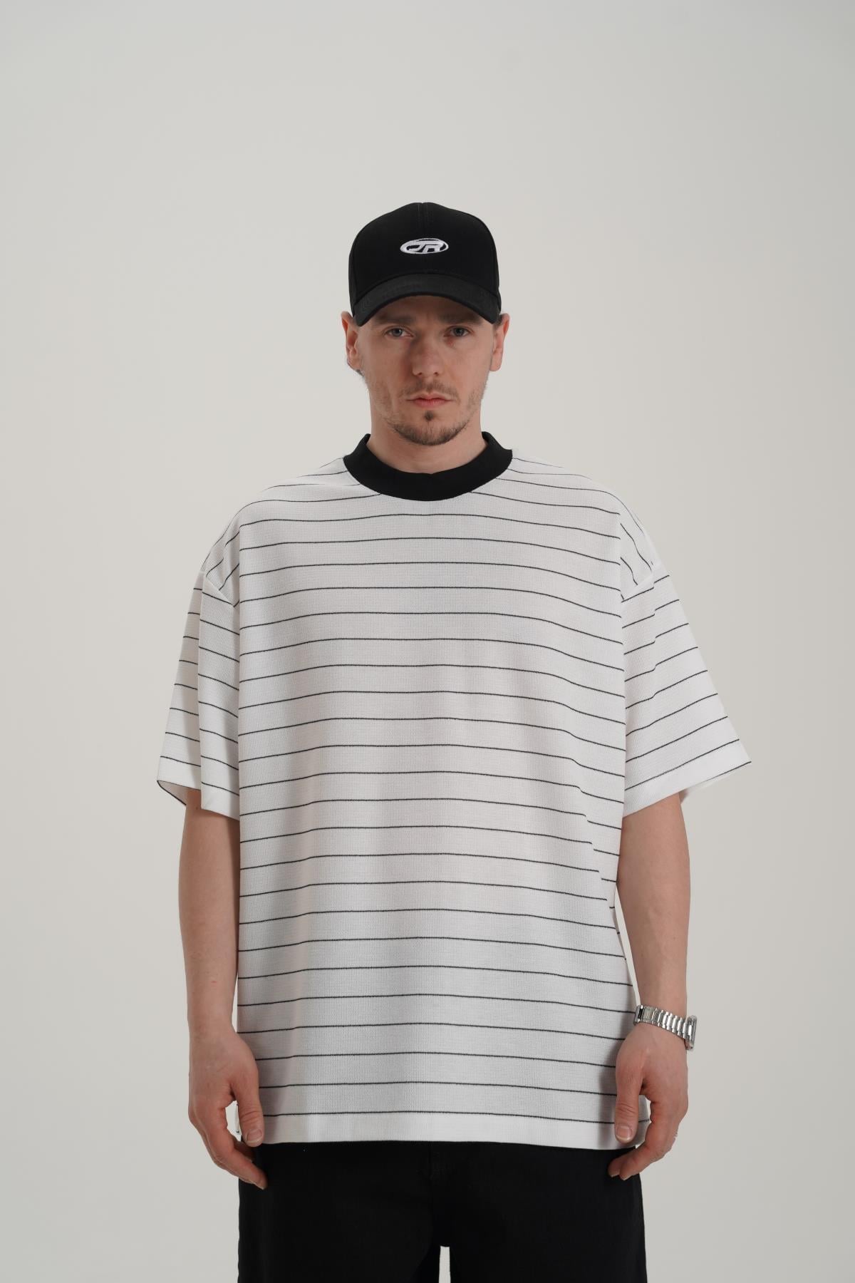 Çizgili Oversize Triko Kumaş Tshirt