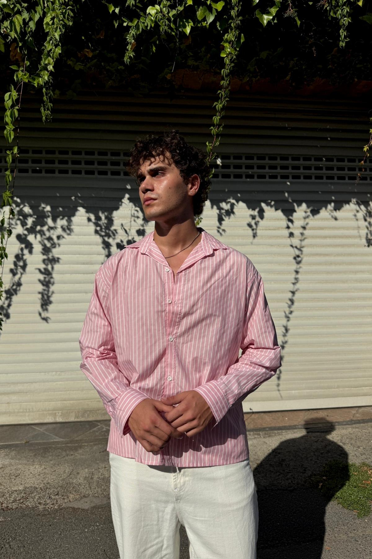 Çizgili Pembe İnce Kumaş Oversize Gömlek