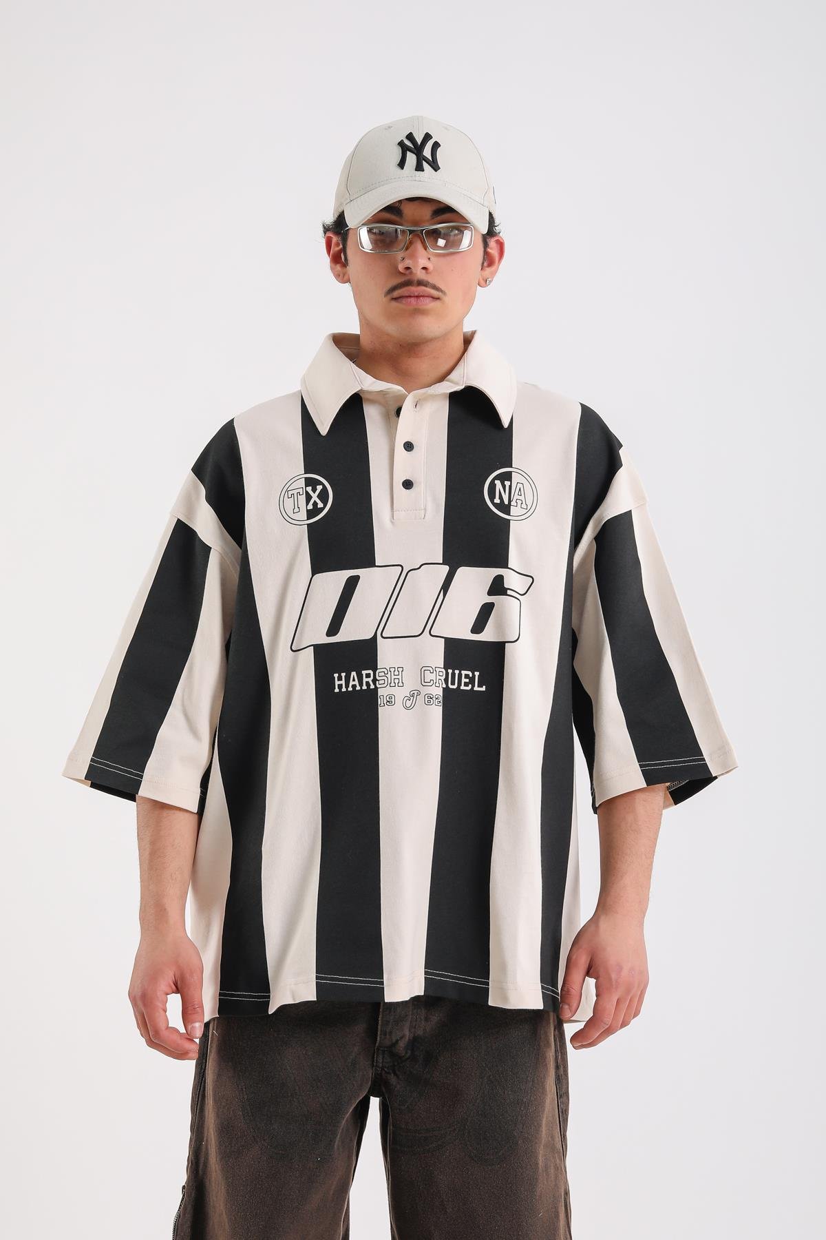 Çizgili Polo Yaka Krem 016 Baskılı Oversize Tshirt