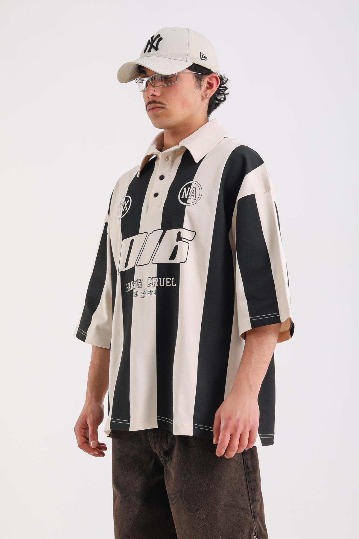 Çizgili Polo Yaka Krem 016 Baskılı Oversize Tshirt