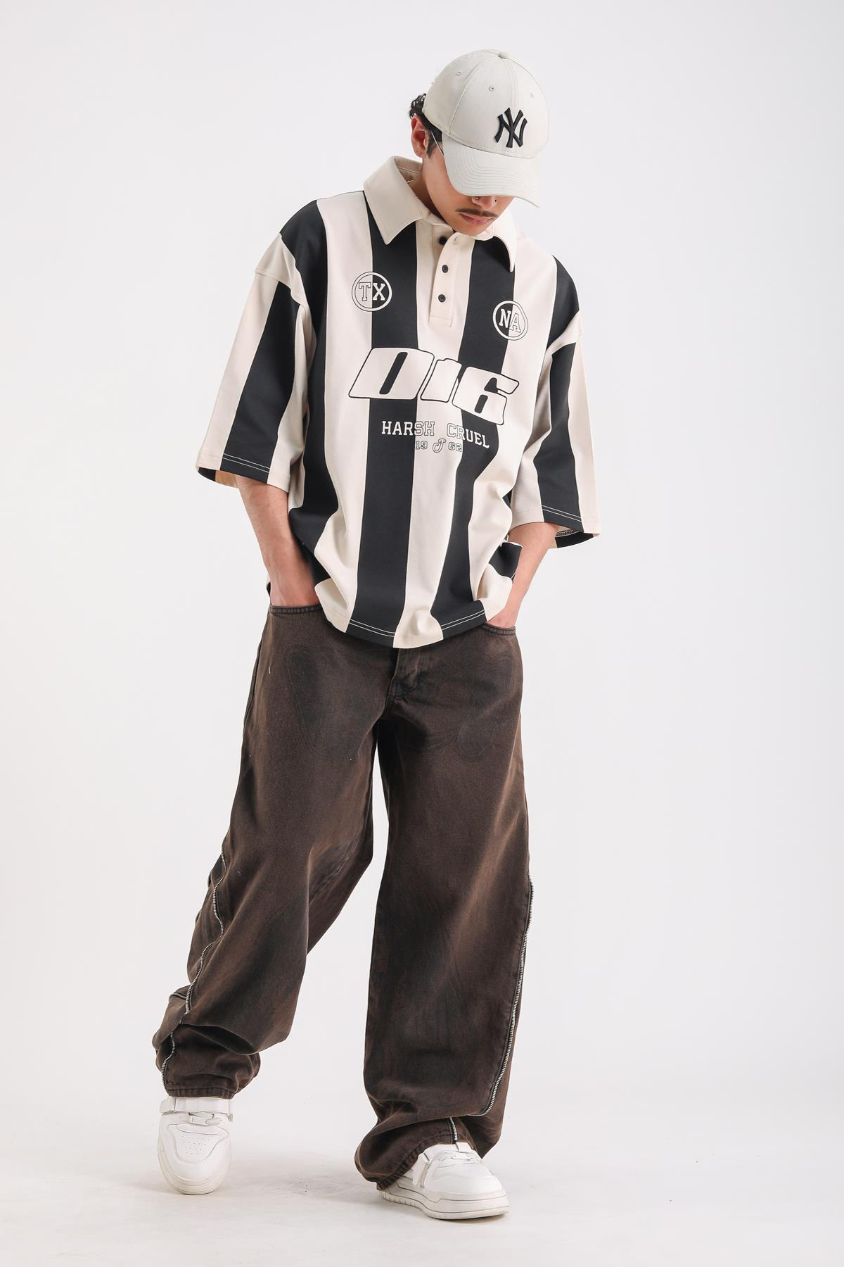 Çizgili Polo Yaka Krem 016 Baskılı Oversize Tshirt