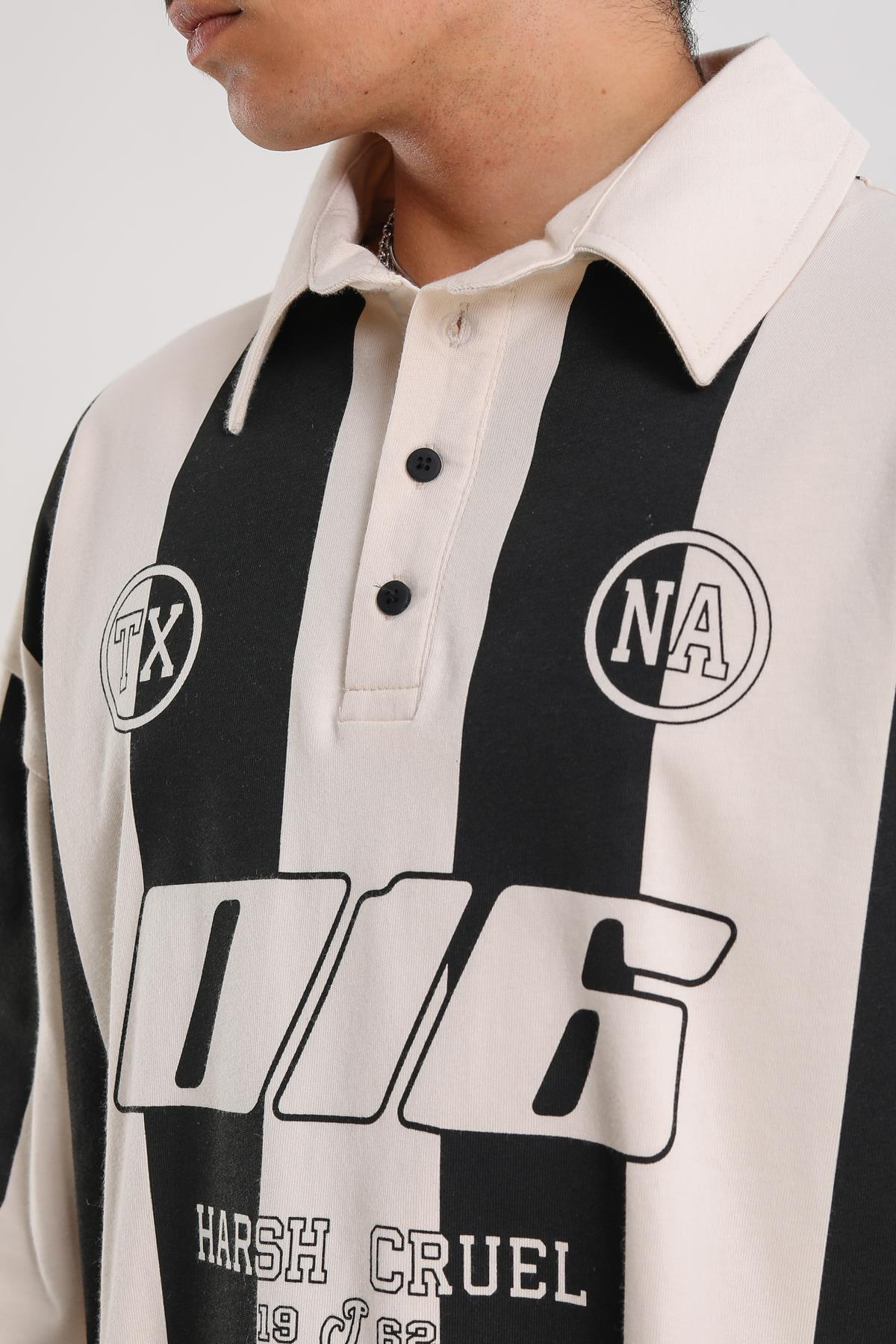 Çizgili Polo Yaka Krem 016 Baskılı Oversize Tshirt