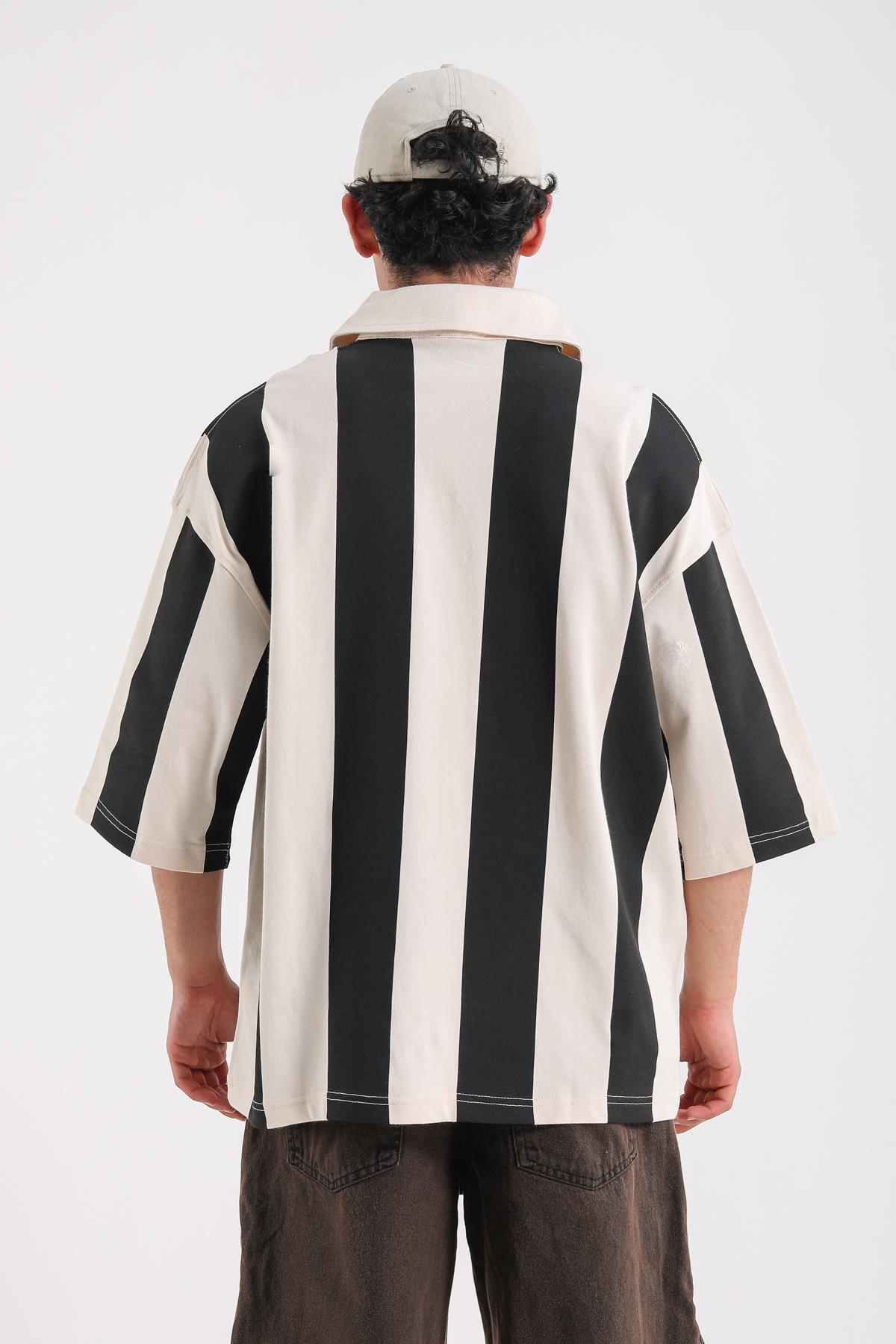 Çizgili Polo Yaka Krem 016 Baskılı Oversize Tshirt