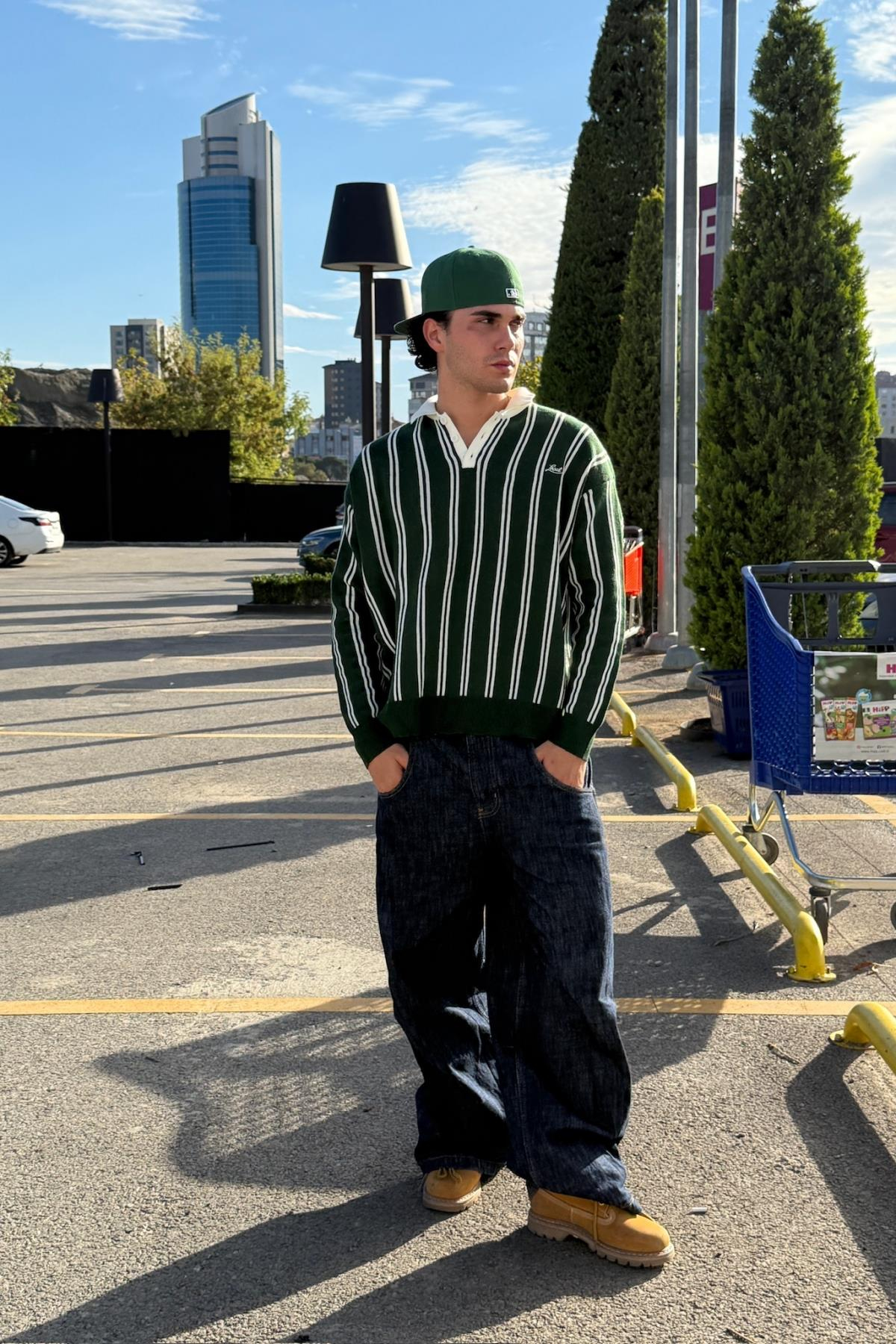 Çizgili Polo Yaka Yeşil Oversize Kazak PM01