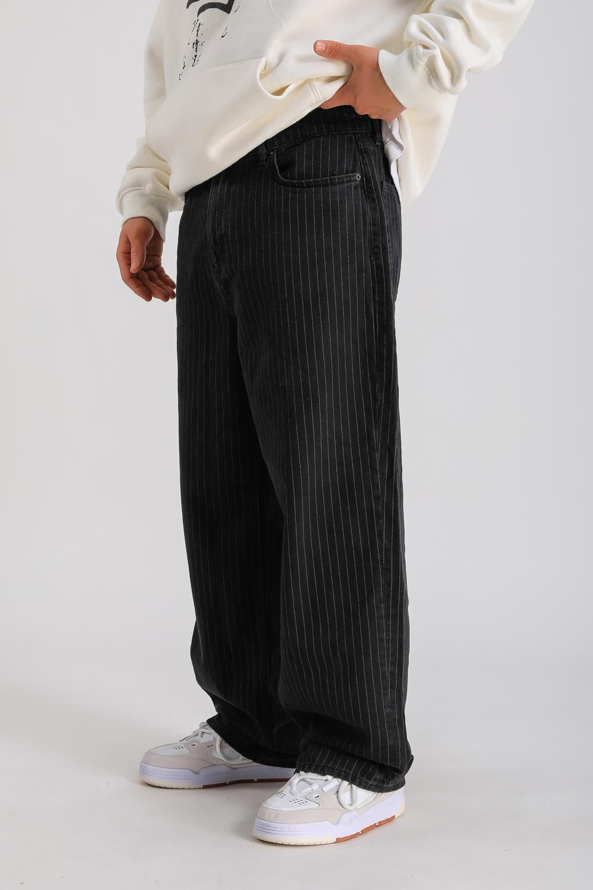 Çizgili Siyah Baggy Jean P1053