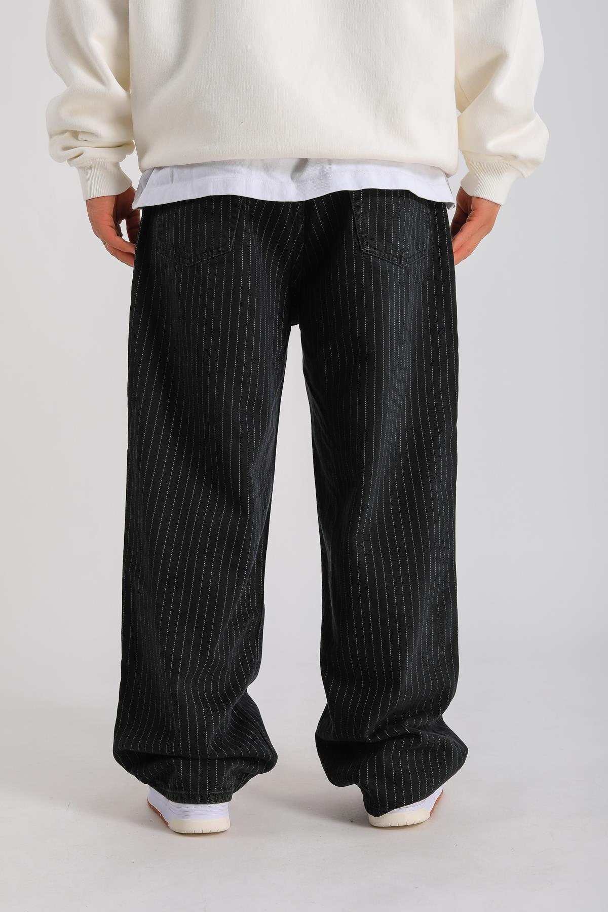 Çizgili Siyah Baggy Jean P1053