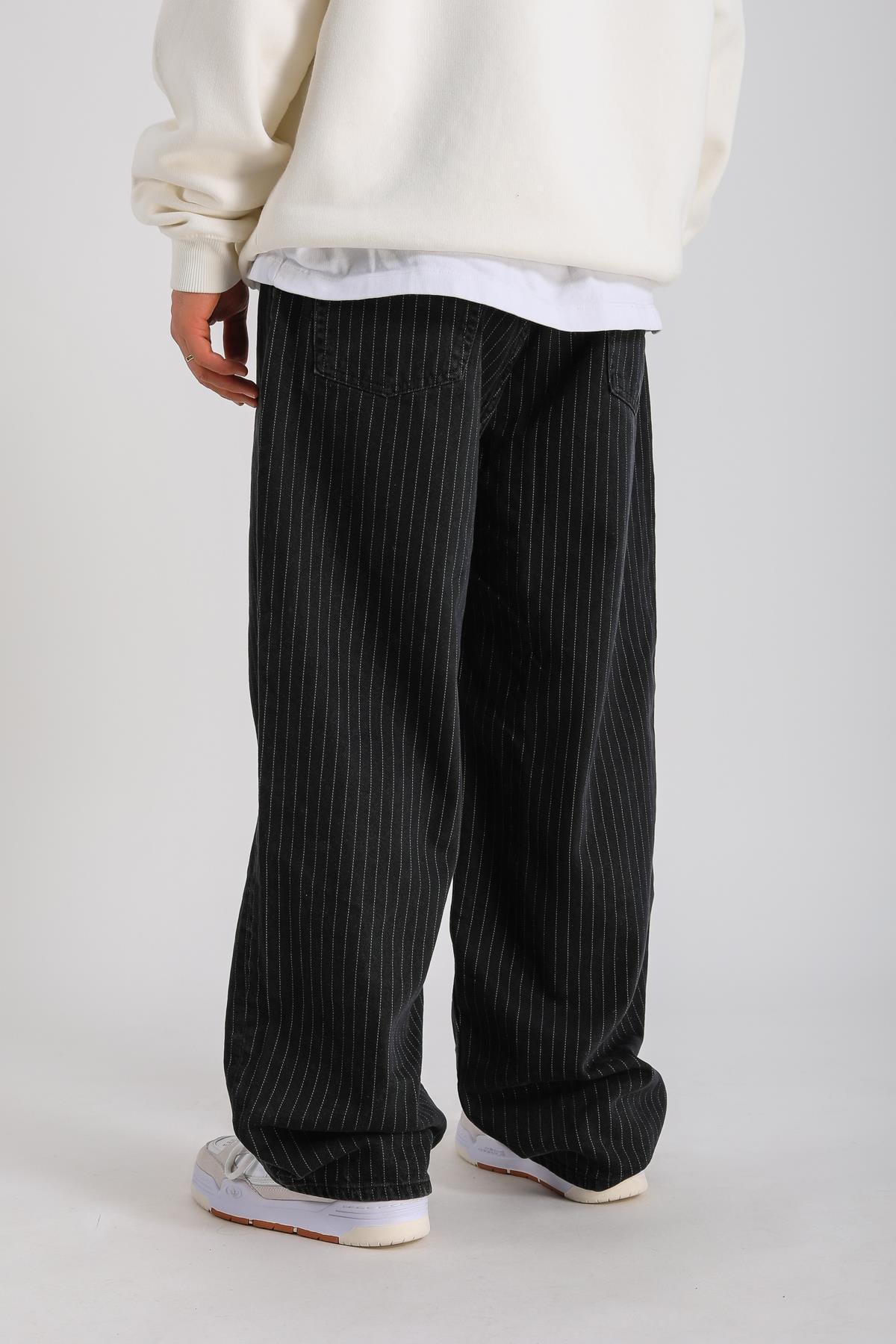 Çizgili Siyah Baggy Jean P1053