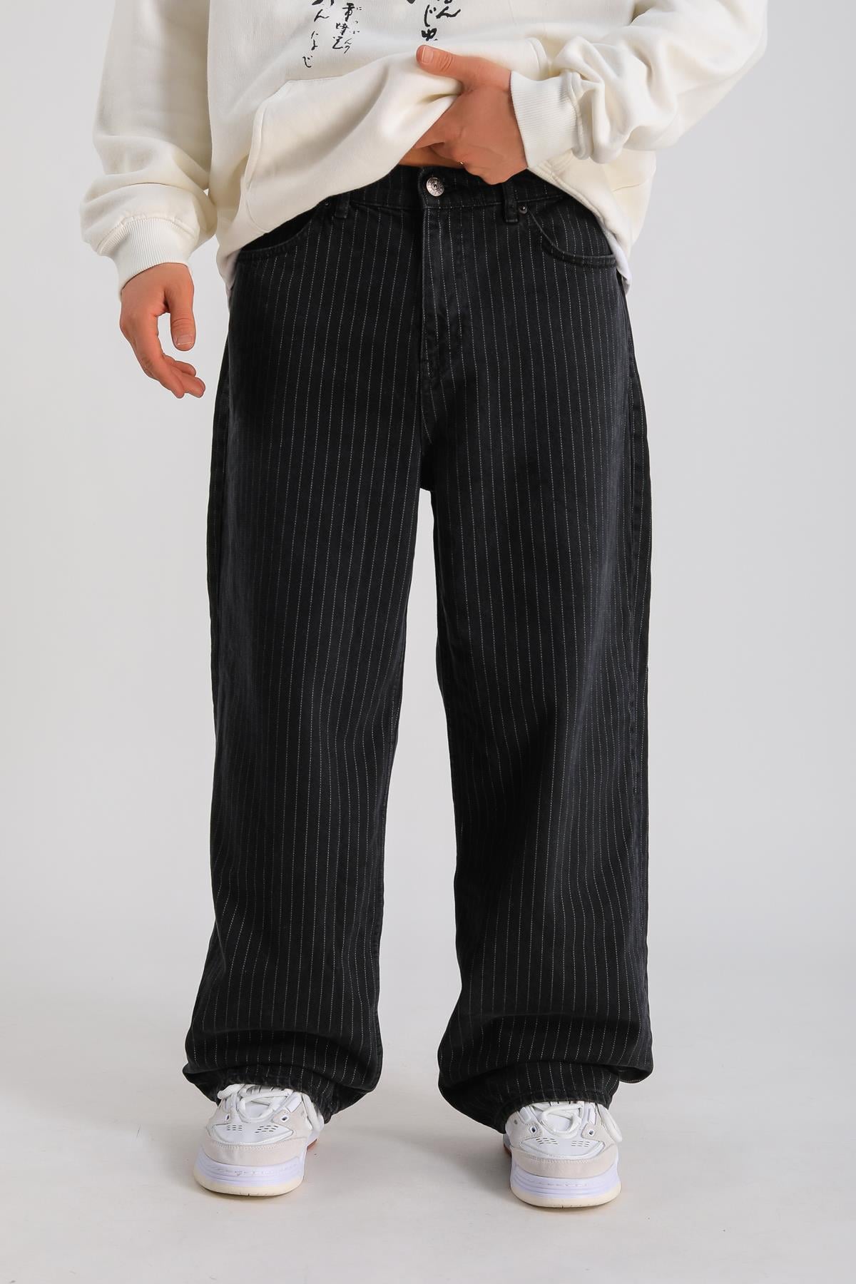 Çizgili Siyah Baggy Jean P1053