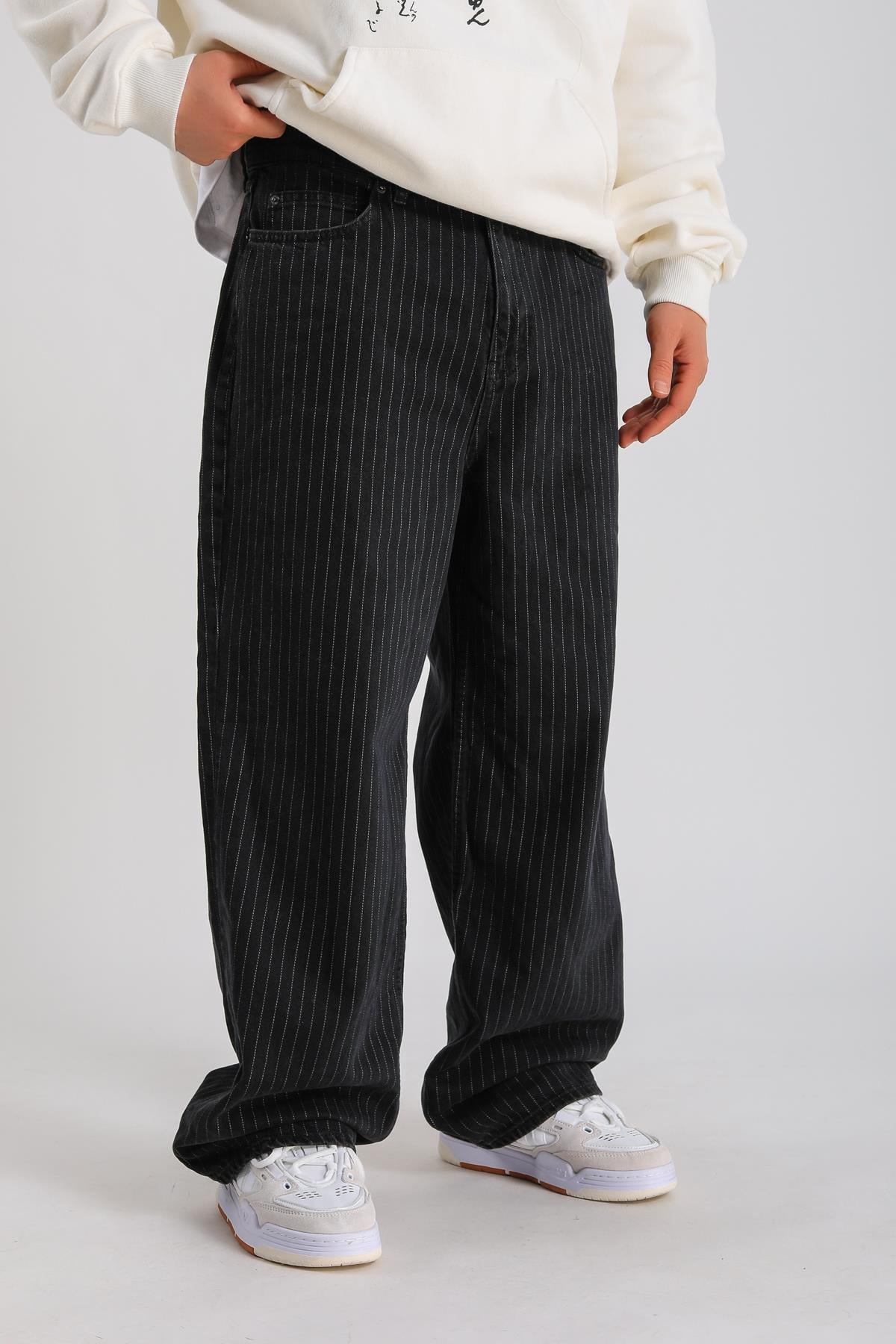 Çizgili Siyah Baggy Jean P1053