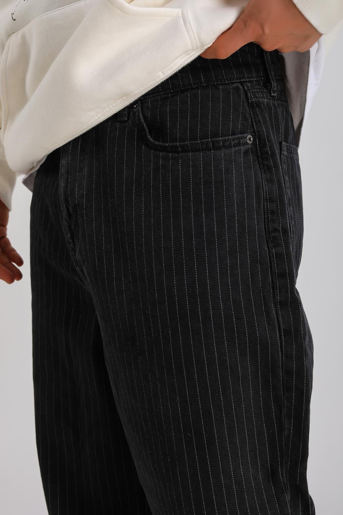 Çizgili Siyah Baggy Jean P1053