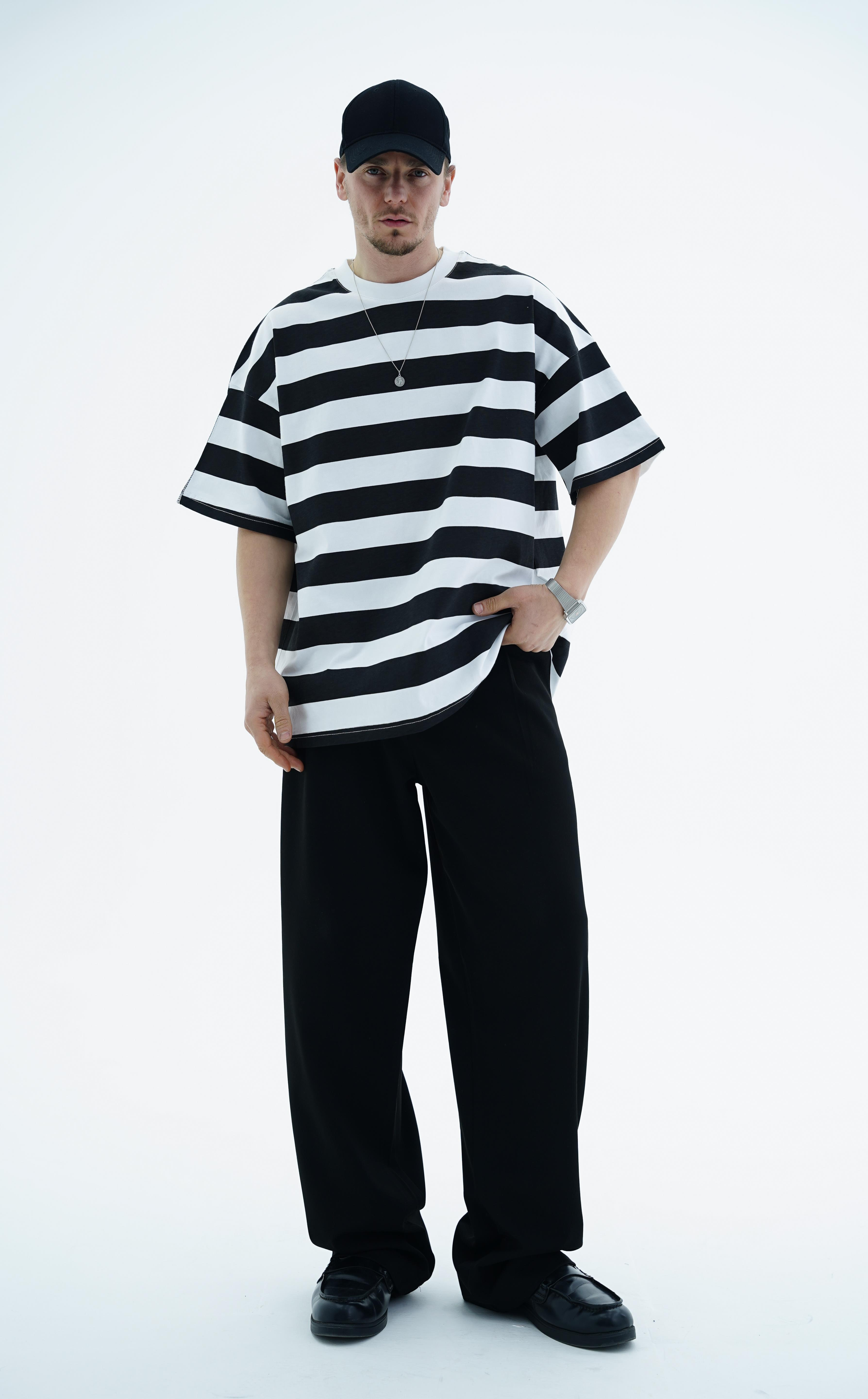 Çizgili Siyah Oversize Tshirt JC01 25Y66