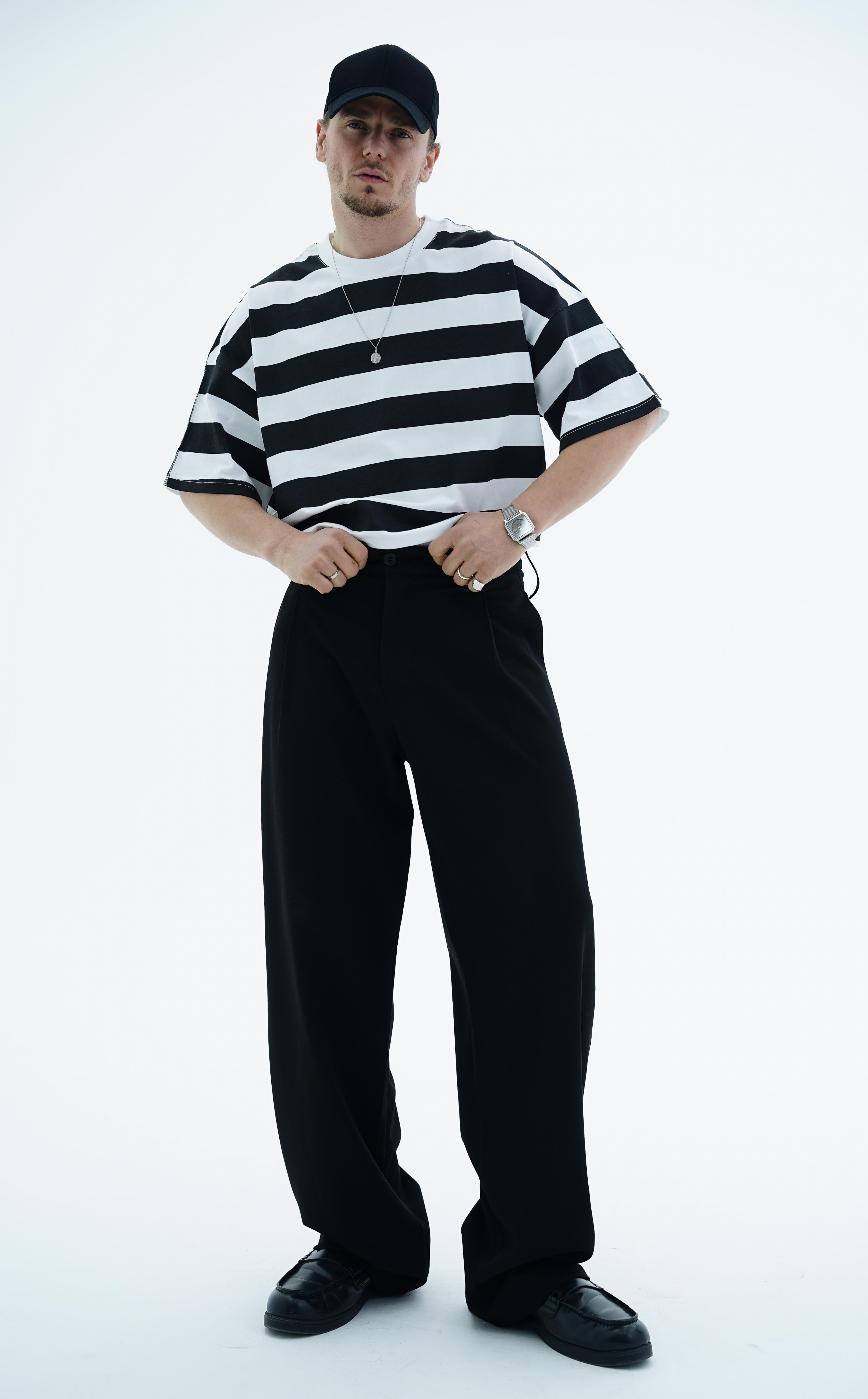 Çizgili Siyah Oversize Tshirt JC01 25Y66