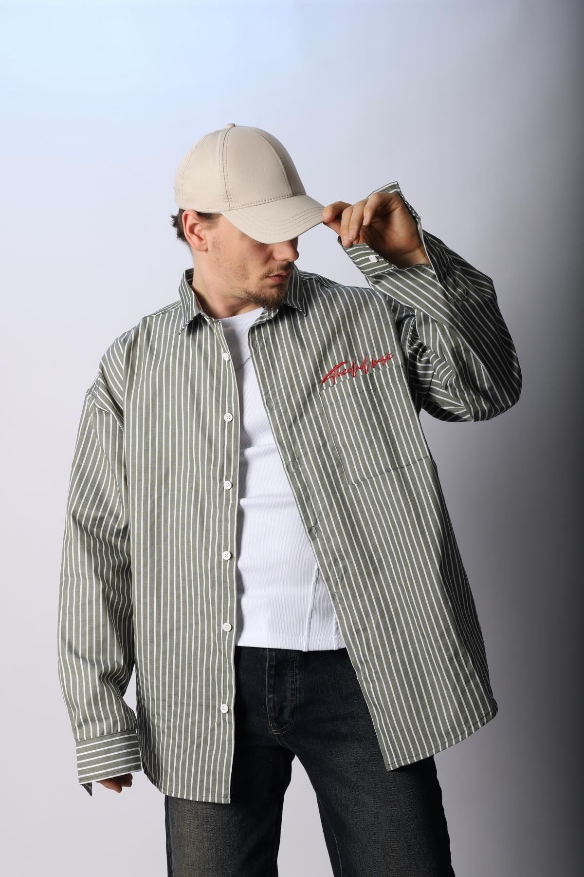 Çizgili Yeşil Poplin Oversize Gömlek G139