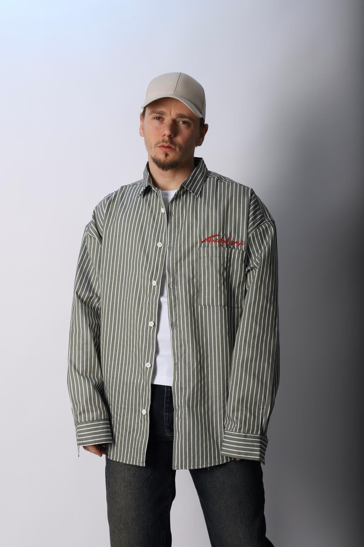 Çizgili Yeşil Poplin Oversize Gömlek G139