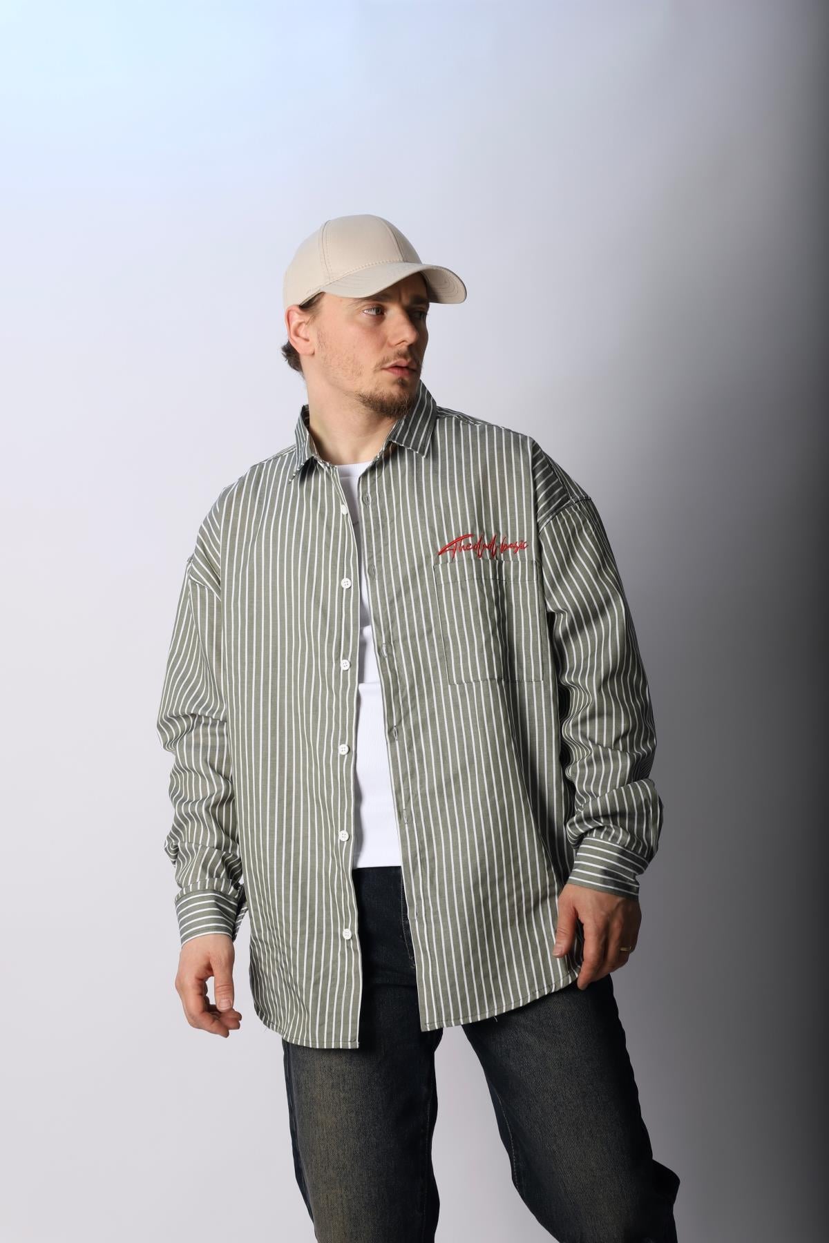 Çizgili Yeşil Poplin Oversize Gömlek G139
