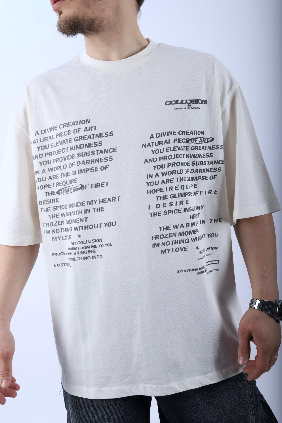 Coll Baskılı Krem Oversize Tshirt T974