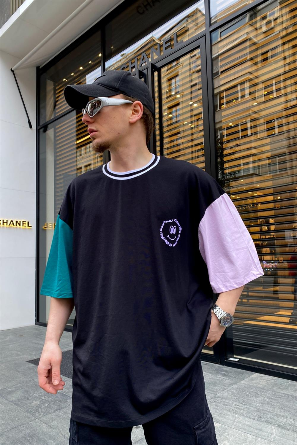 Continu Emogi Baskılı Şerit Yaka Oversize Tshirt T595