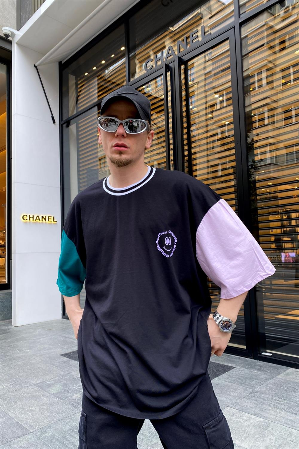 Continu Emogi Baskılı Şerit Yaka Oversize Tshirt T595