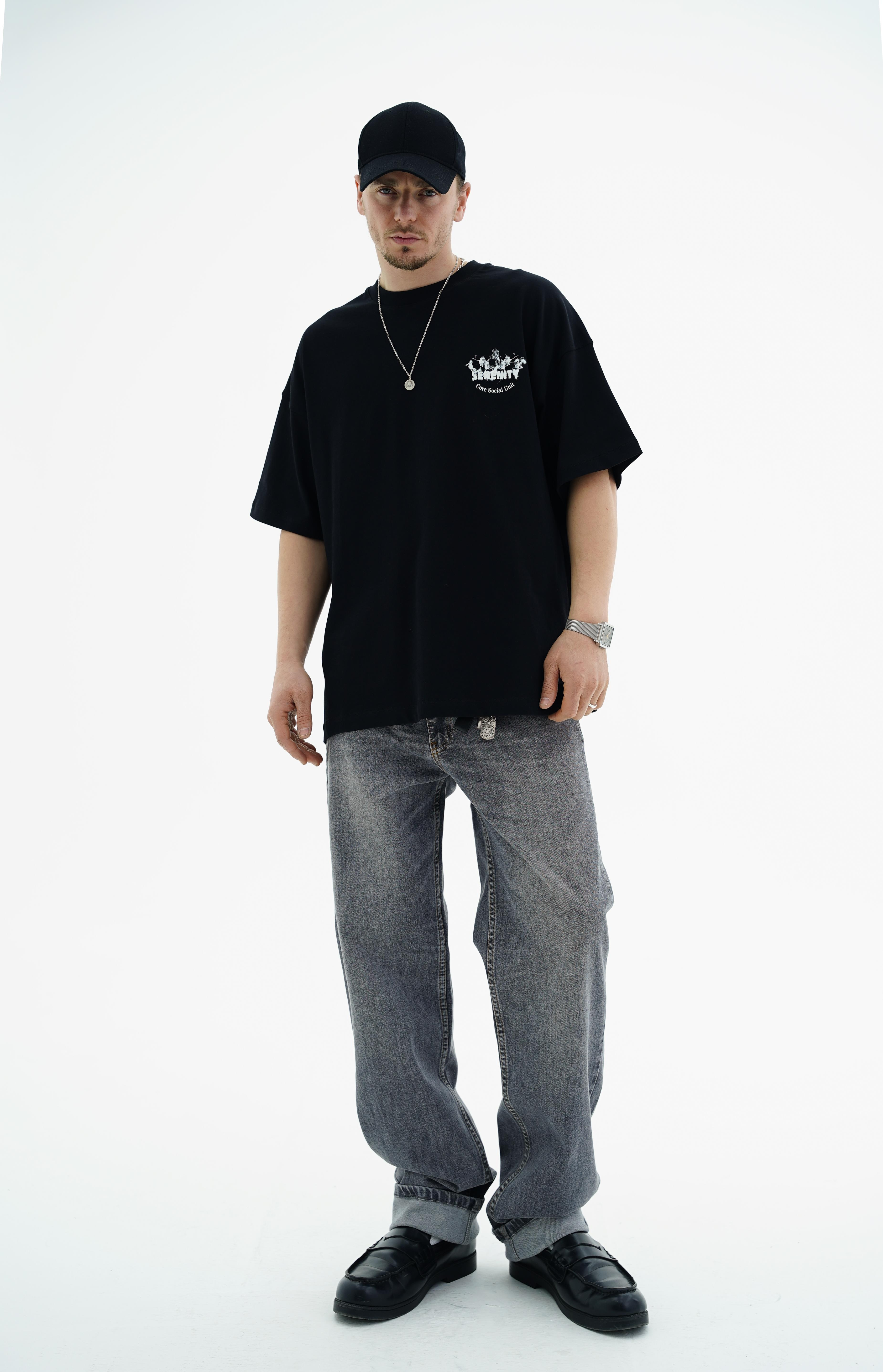 Core Baskılı Siyah Oversize Tshirt JC01 26Y131