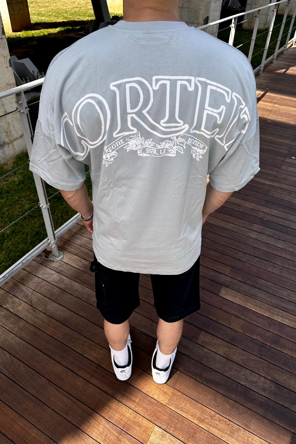 Cort Baskılı Gri Oversize Tshirt  T1134