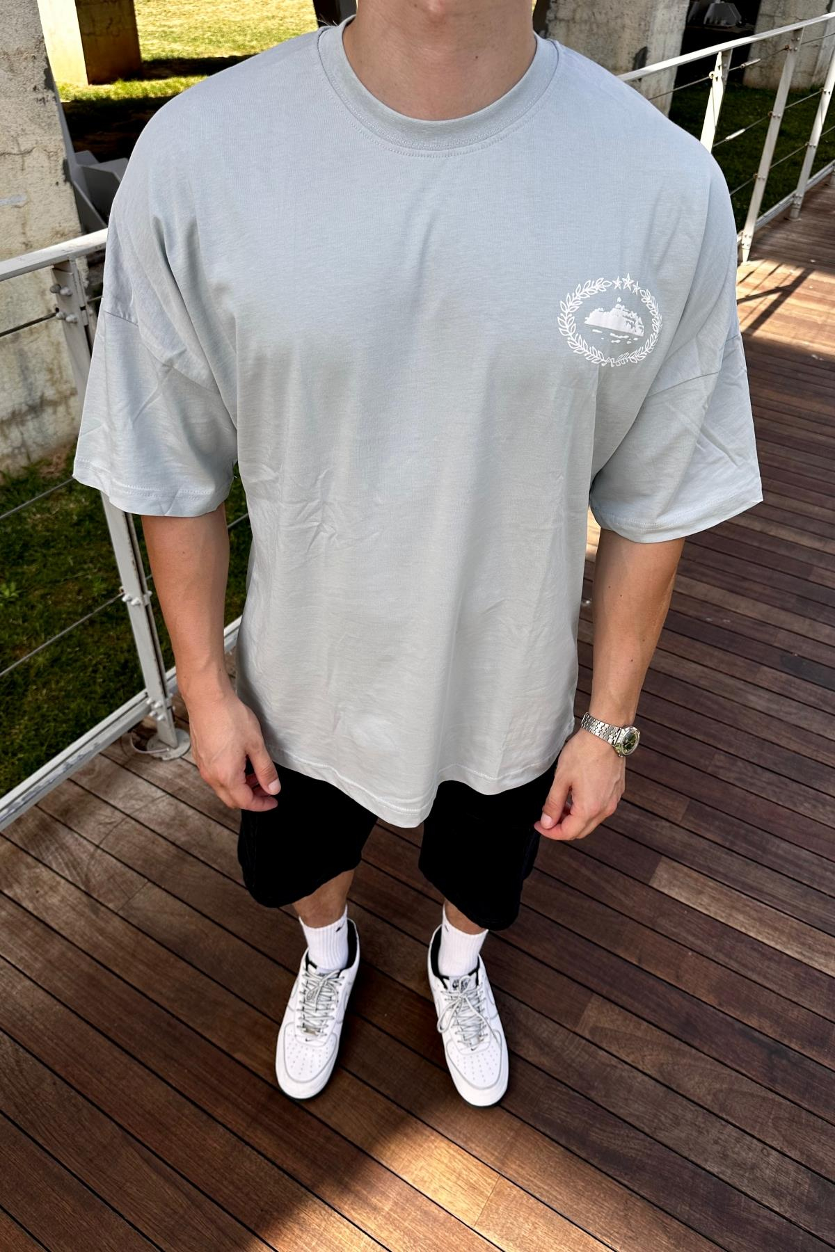 Cort Baskılı Gri Oversize Tshirt  T1134