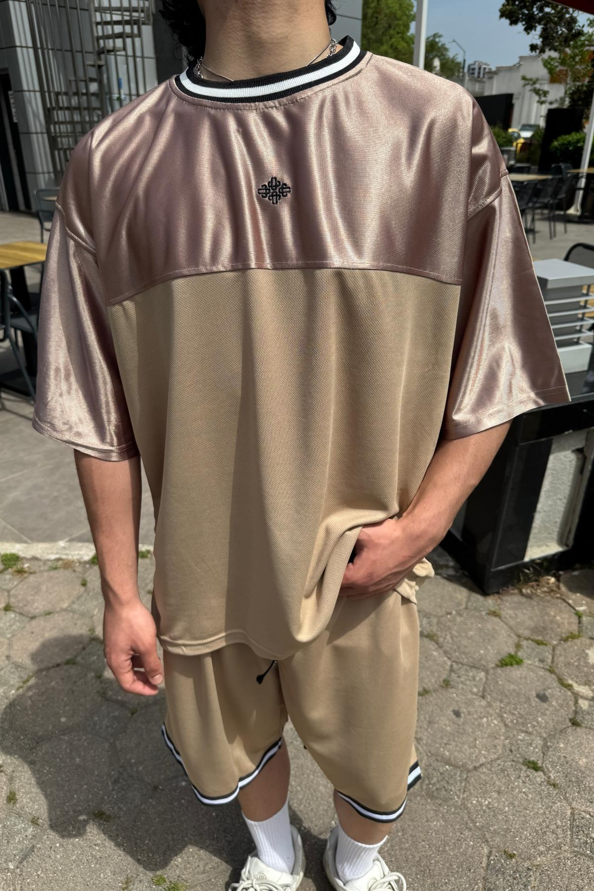 Couture Nakışlı Şerit Detay Kahve File Oversize Forma Tshirt