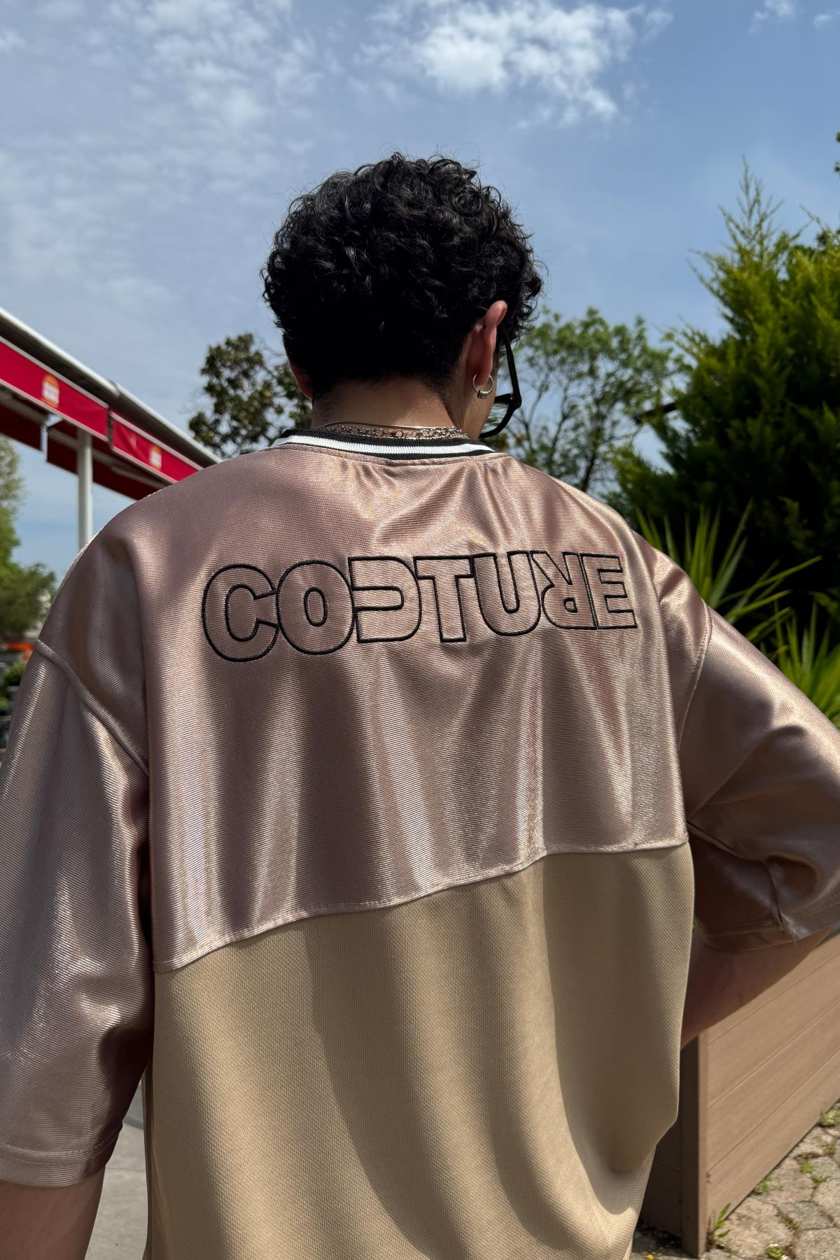 Couture Nakışlı Şerit Detay Kahve File Oversize Forma Tshirt