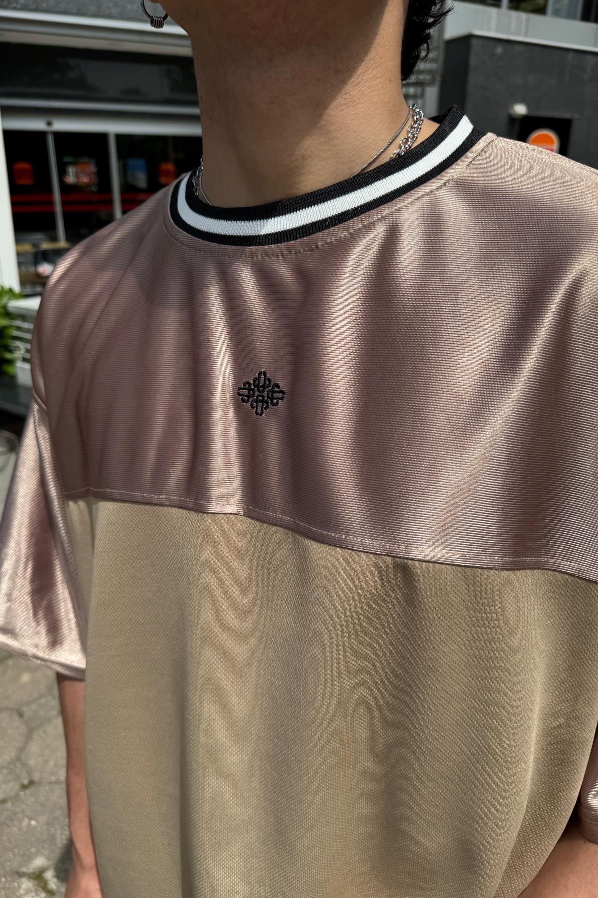 Couture Nakışlı Şerit Detay Kahve File Oversize Forma Tshirt