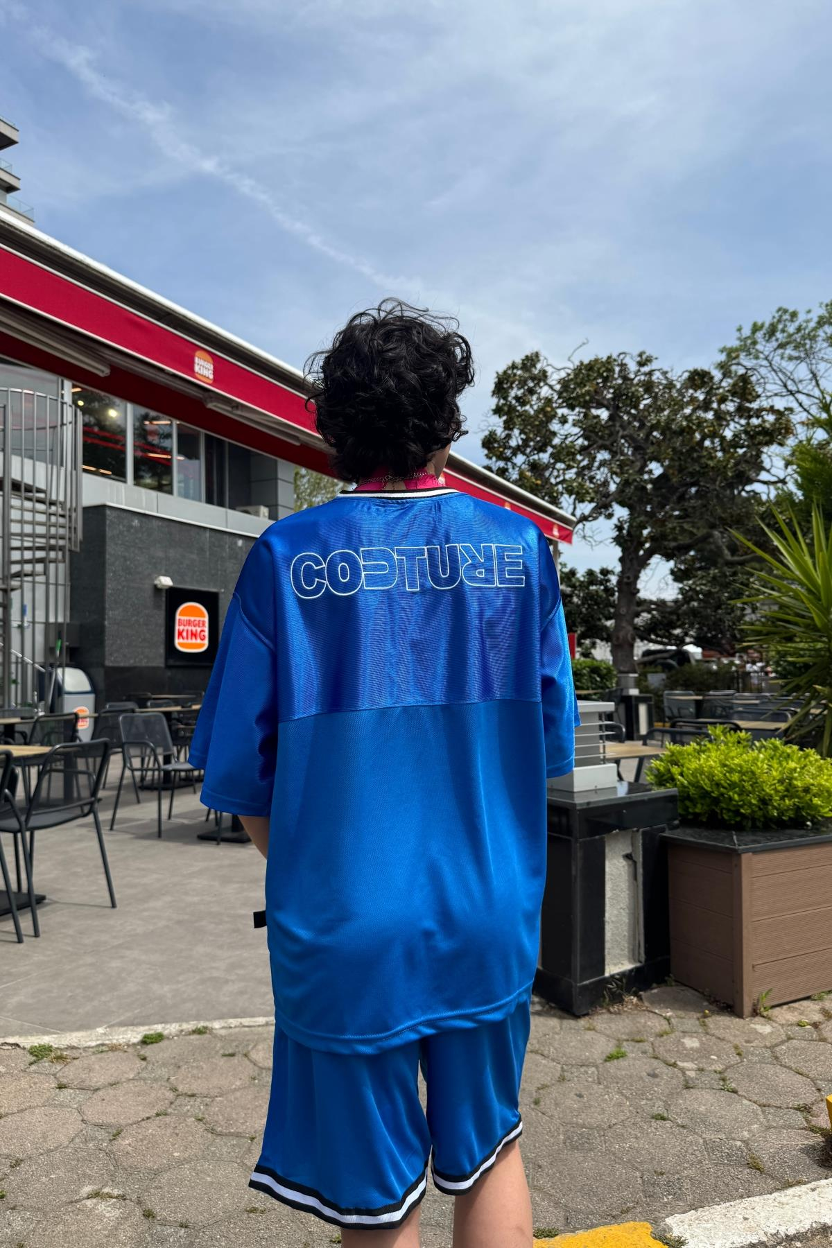 Couture Nakışlı Şerit Detay Mavi File Oversize Forma Tshirt