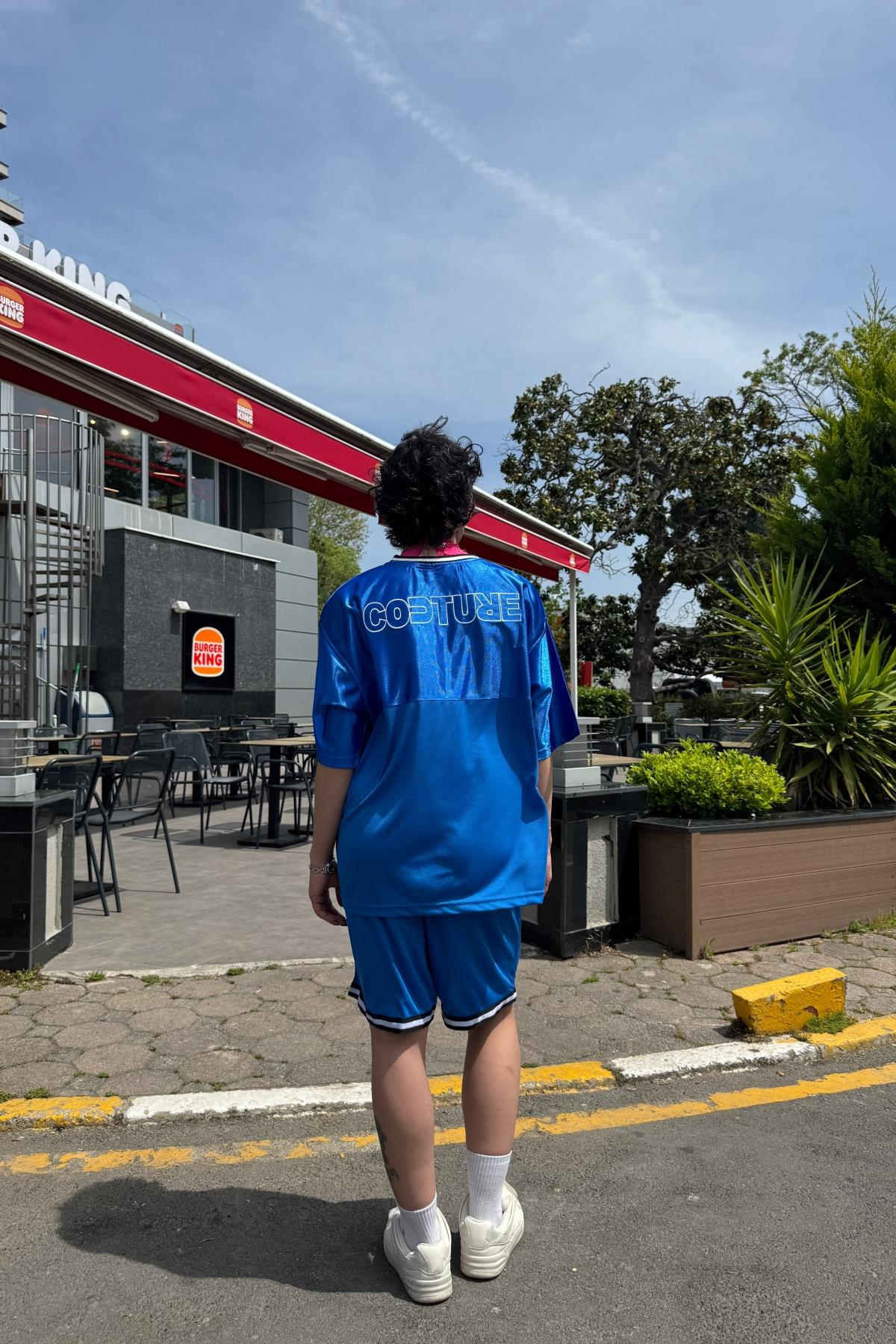 Couture Nakışlı Şerit Detay Mavi File Oversize Forma Tshirt