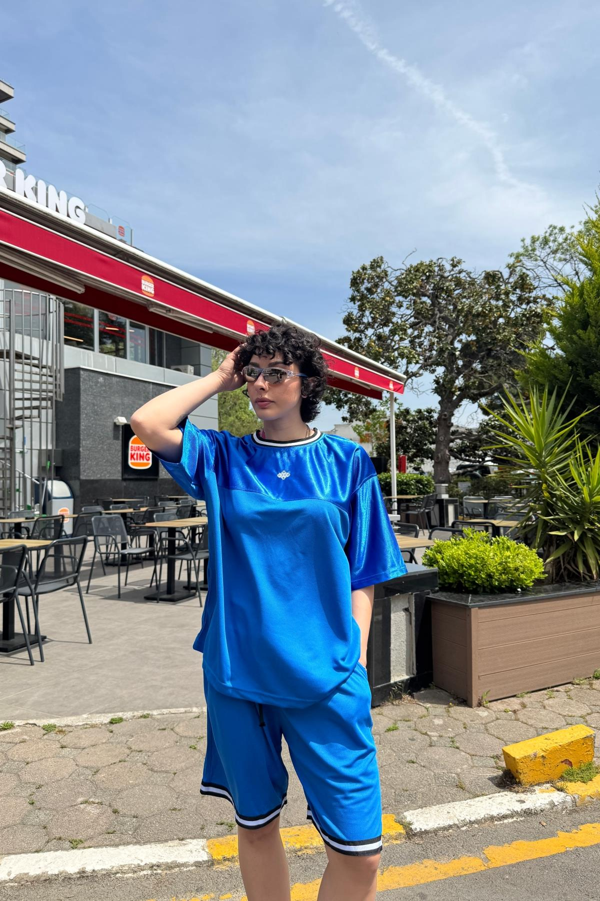 Couture Nakışlı Şerit Detay Mavi File Oversize Forma Tshirt