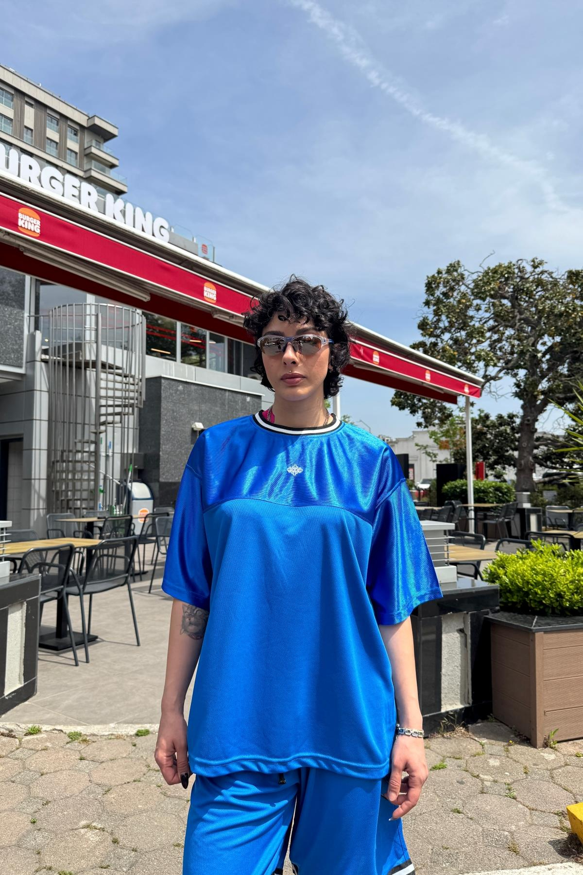 Couture Nakışlı Şerit Detay Mavi File Oversize Forma Tshirt