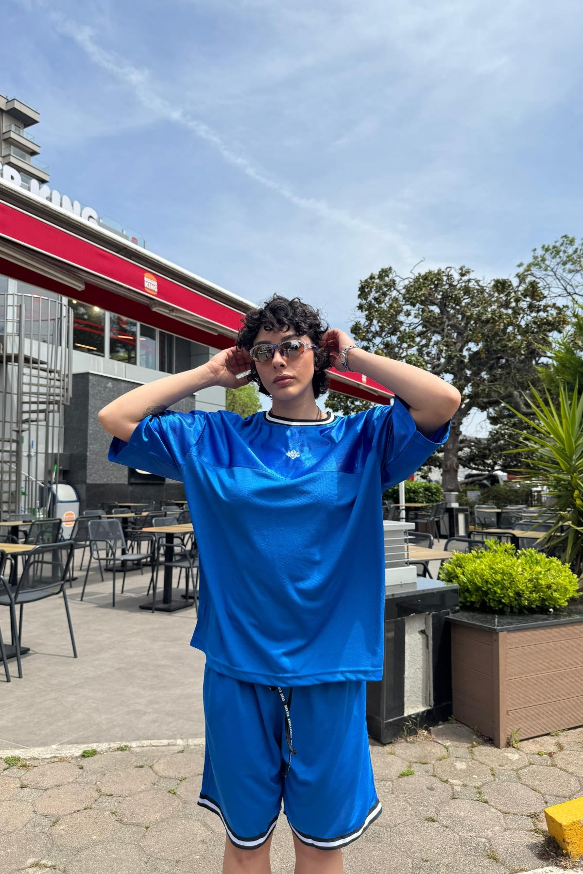 Couture Nakışlı Şerit Detay Mavi File Oversize Forma Tshirt