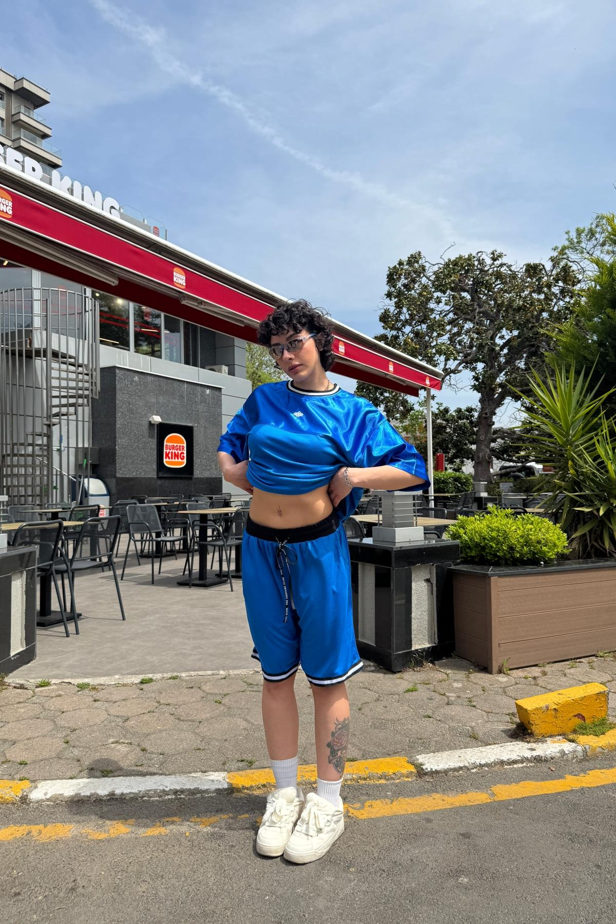 Couture Nakışlı Şerit Detay Mavi File Oversize Forma Tshirt