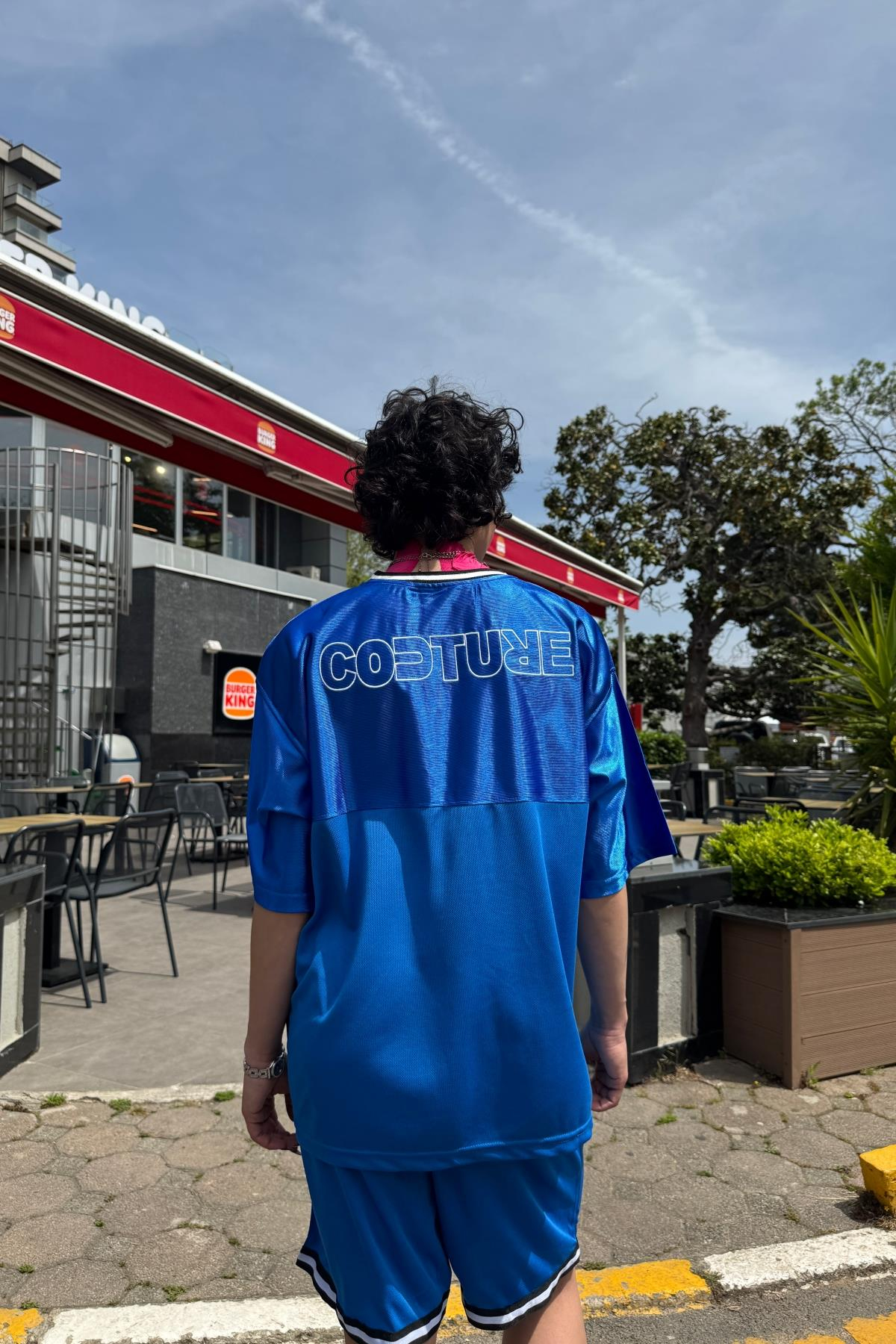 Couture Nakışlı Şerit Detay Mavi File Oversize Forma Tshirt