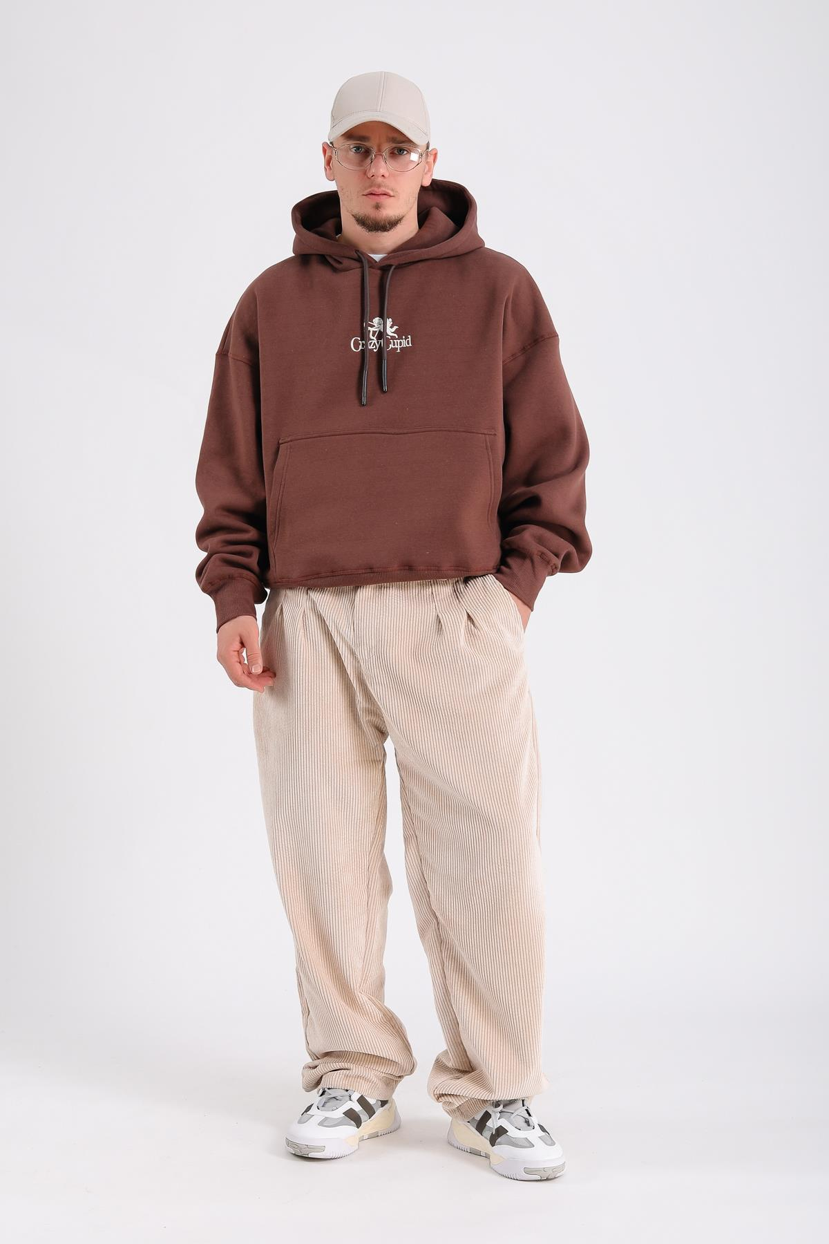 Crazy Nakışlı Kahve Oversize Sweatshirt SW1193